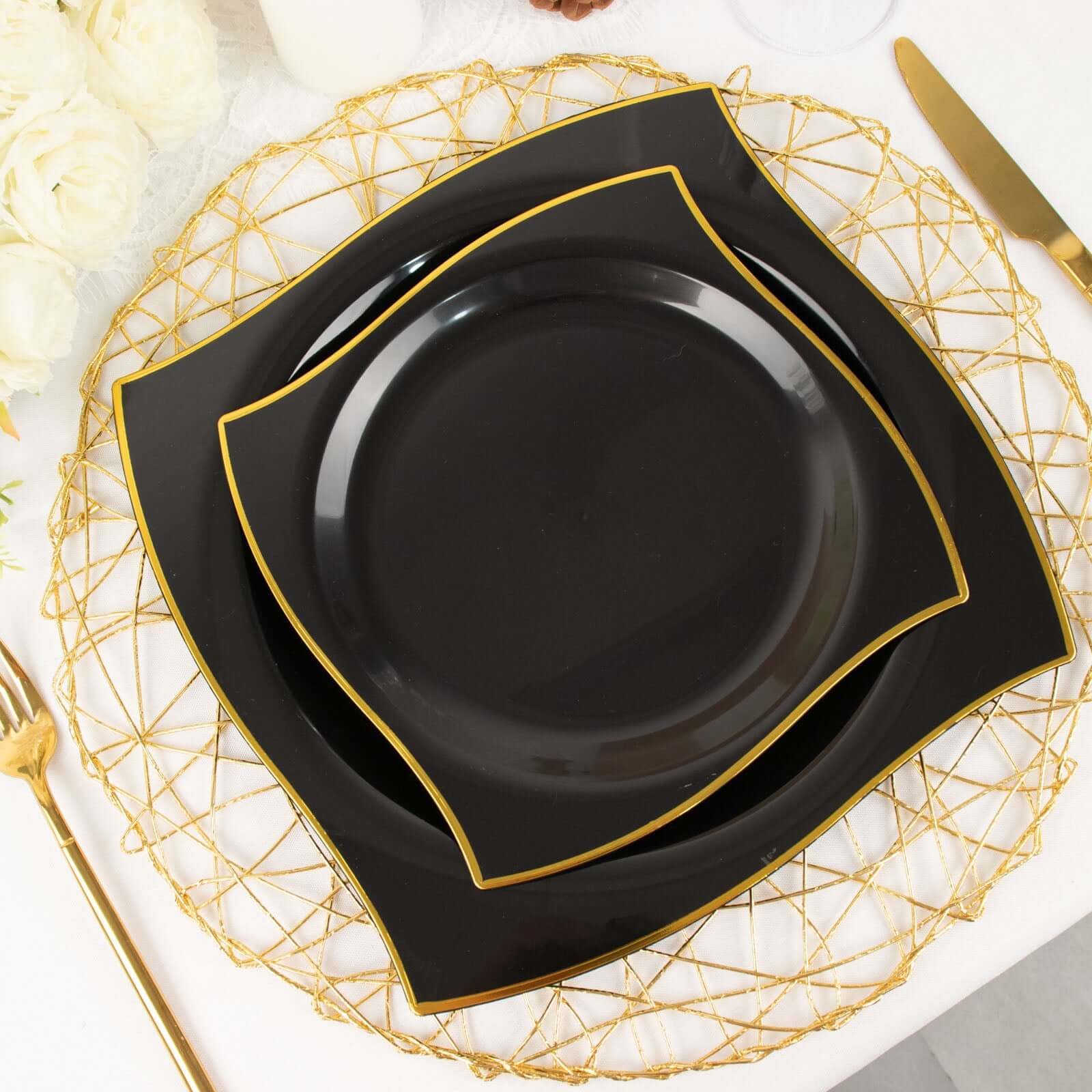 10-Pack Plastic 8" Square Dessert Plates in Black with Gold Wavy Rim Modern - Disposable Salad Appetizer Party Plates