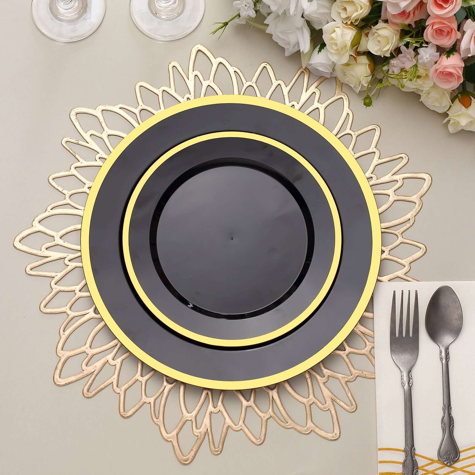 10-Pack Plastic 7" Round Appetizer Plates in Black with Gold Rim - Sleek Disposable Salad Plates for Banquets & Special Occasions