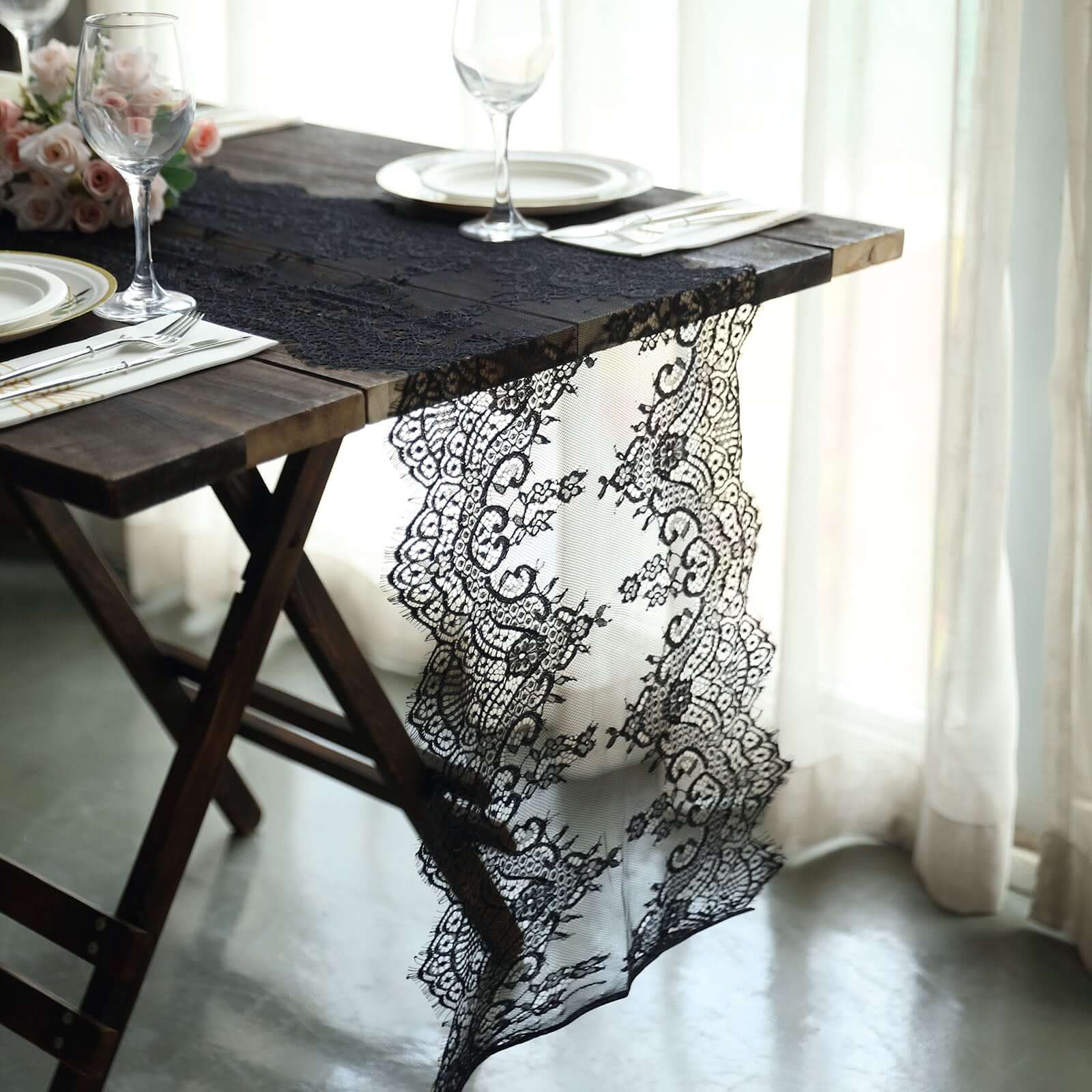 Premium Lace Fabric 15"x117" Table Runner Black - Scalloped Lace Elegance