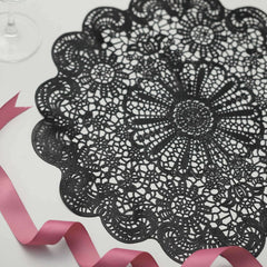 6-Pack Dining Table Mats Floral Lace Design Black - Vinyl Non-Slip Surface with Vintage Appeal 15"