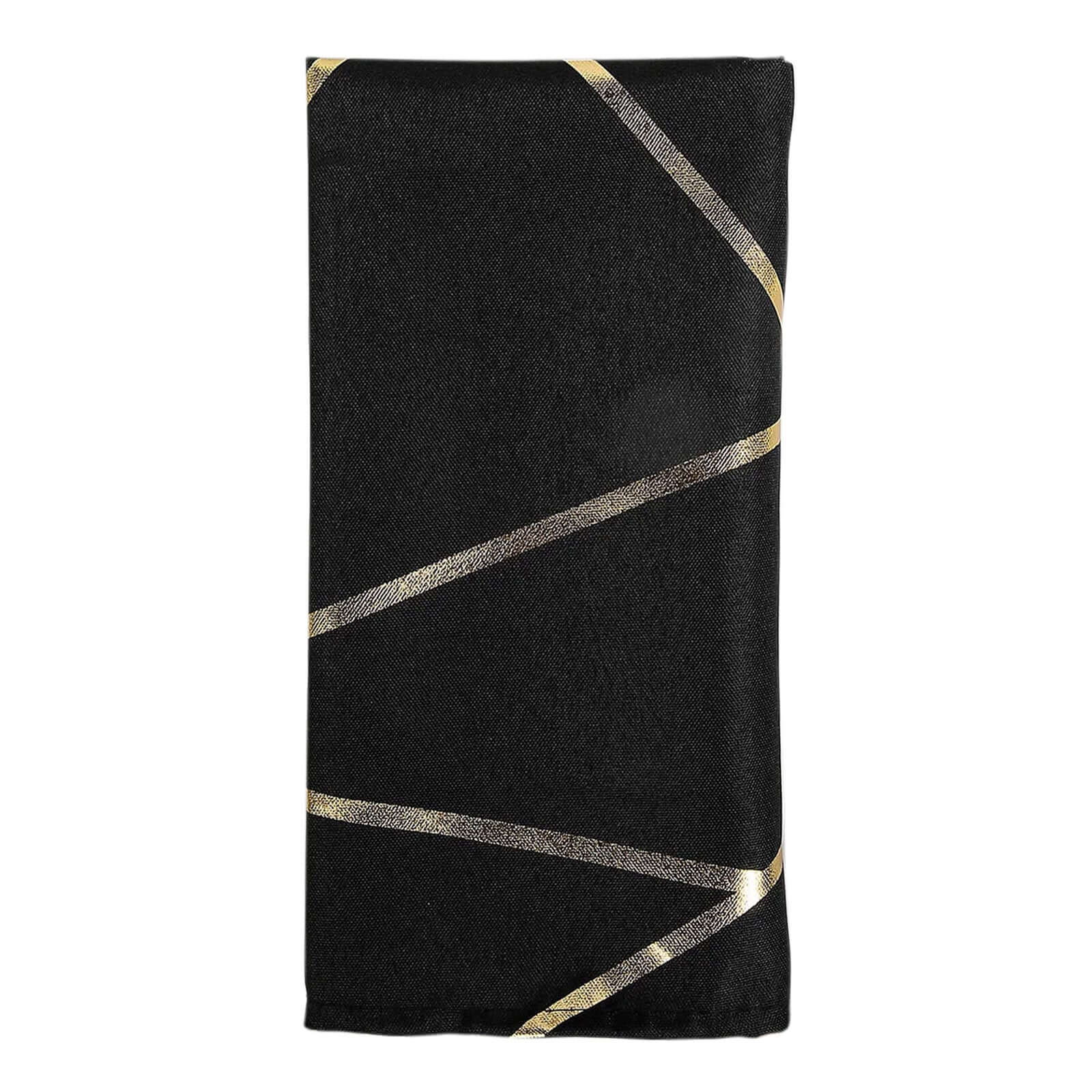 5 Pack Polyester 20"x20" Napkins Black with Gold Geometric Foil Pattern - Modern Reusable Dinner Napkins