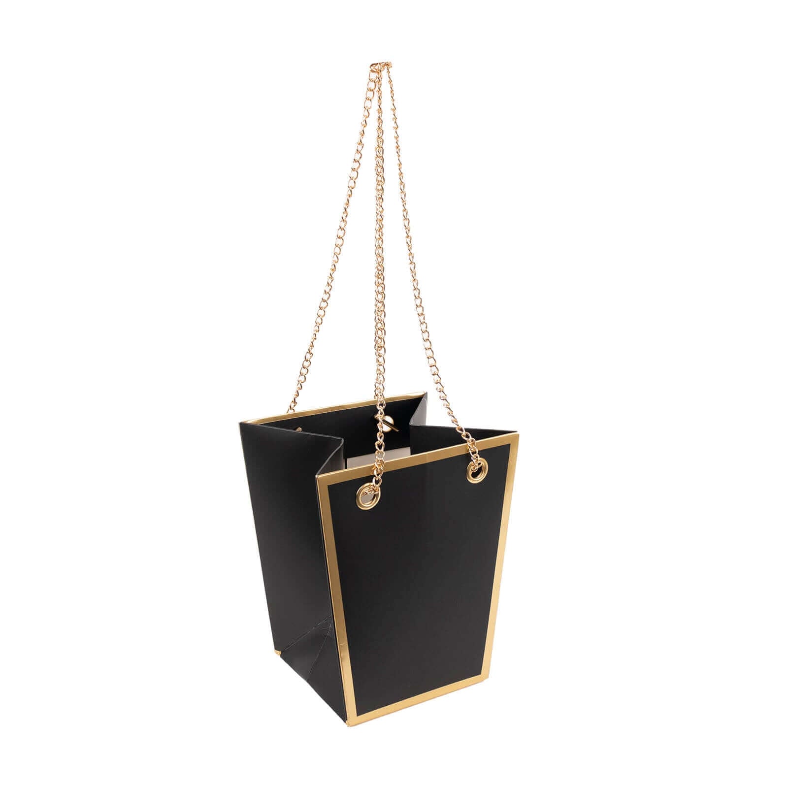6 Pack Black Gold Edge Paper Flower Gift Bags With Metal Chain Handles, Trapezoid Party Favor Tote Bags - 5"x6"