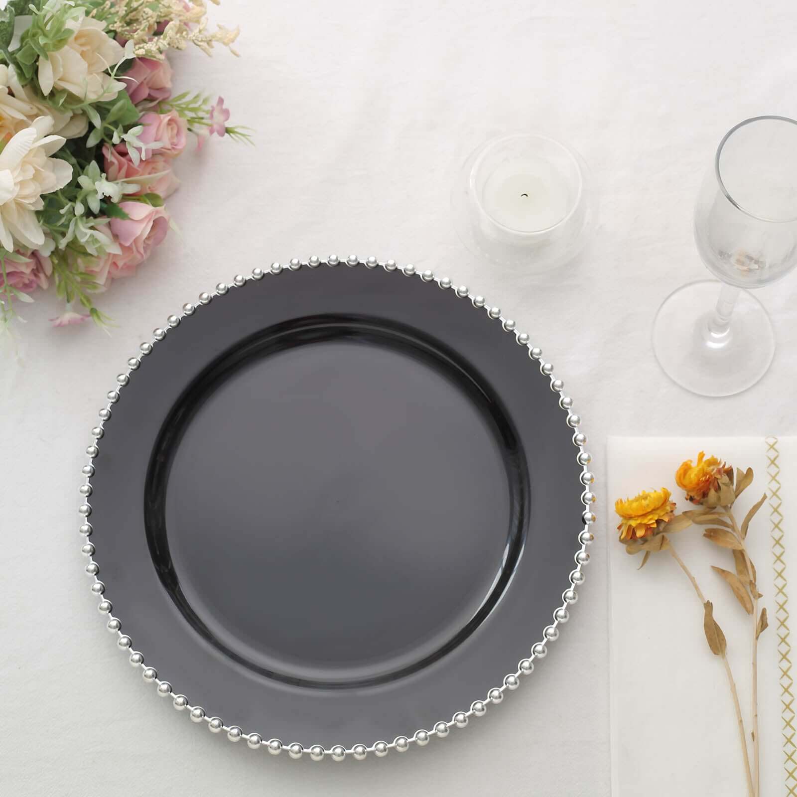 10-Pack Plastic 10" Round Dinner Plates in Black with Silver Beaded Rim - Disposable Party Plates for Banquets & Festive Occasions