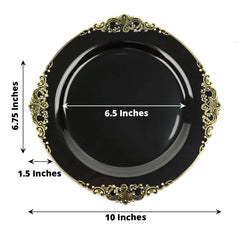 10-Pack Plastic 10" Round Dinner Plates in Black with Gold Leaf Embossed Rim - Disposable Vintage Baroque Style Plates for Luxurious Gatherings & Events