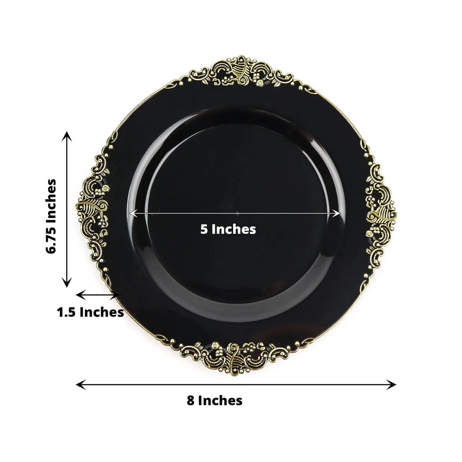 10-Pack Plastic 8" Round Dessert Plates in Black with Gold Leaf Embossed Rim - Disposable Vintage Baroque Style Salad Plates