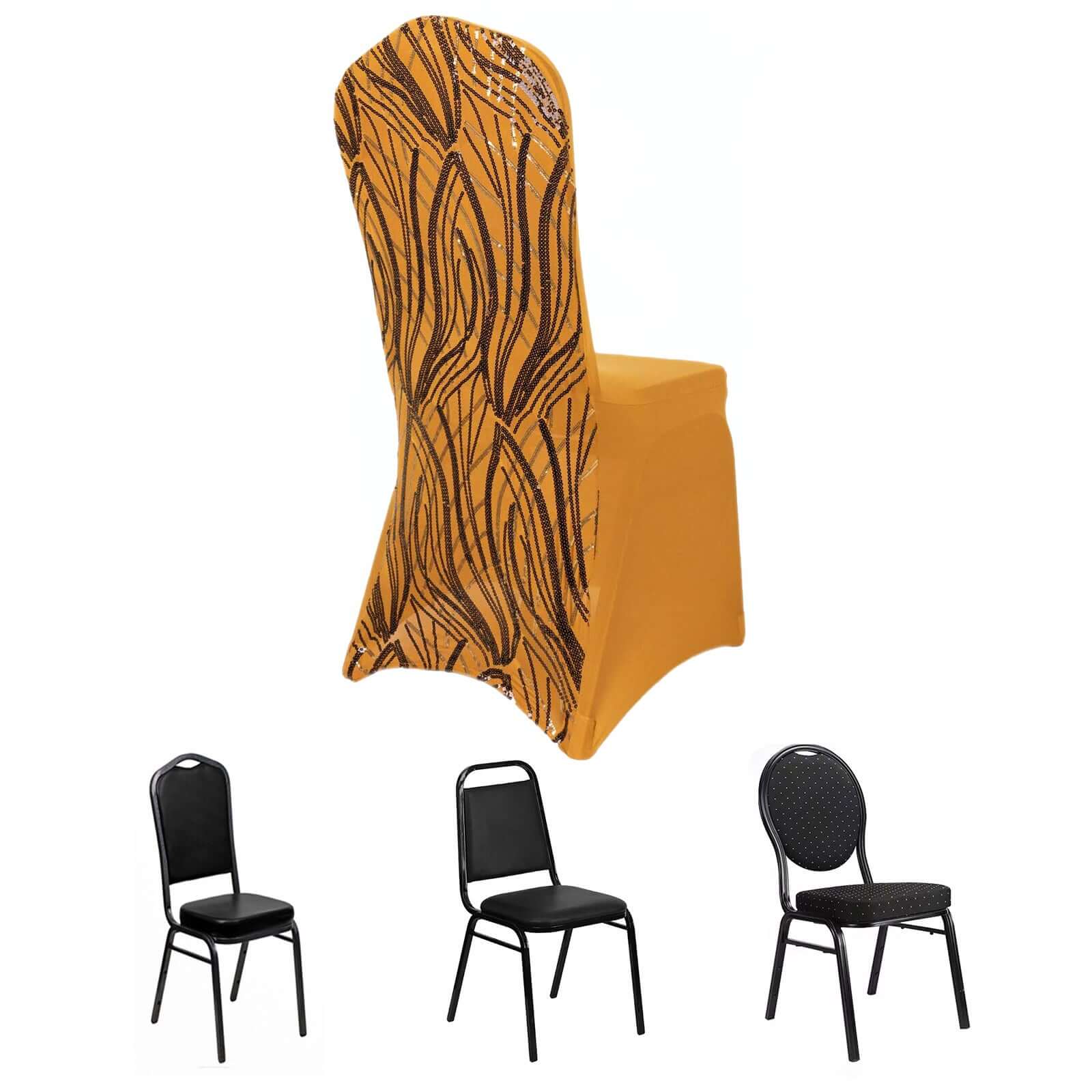 Spandex Chair Cover with Wave Embroidered Sequins for Banquet Chairs Gold/Black - Glittering Stretch Fitted Slipcover