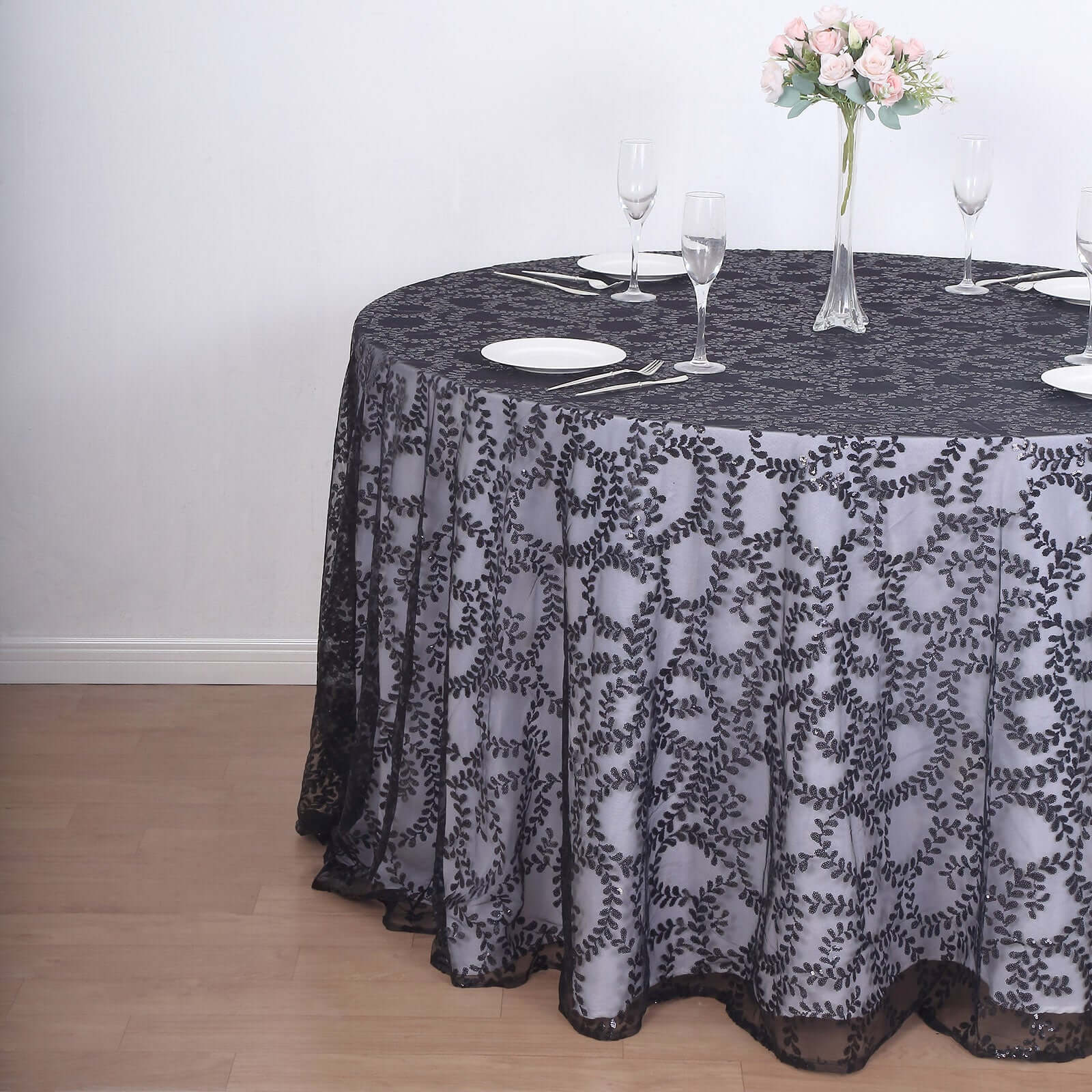 Tulle 120" Round Tablecloth Black - Seamless Sequin Leaf Embroidered Table Cover