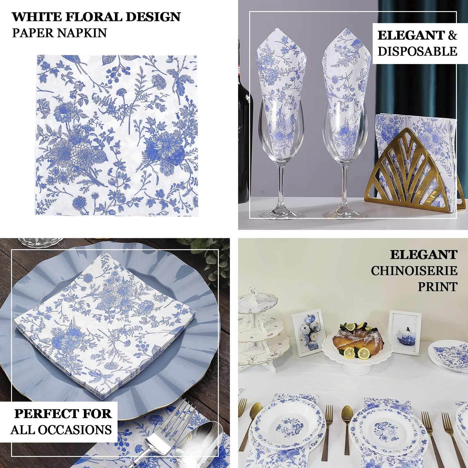 20-Pack Paper Cocktail Napkins with French Toile Print White/Blue - Disposable 2 Ply Beverage Napkins for Events 6.5"x6.5"
