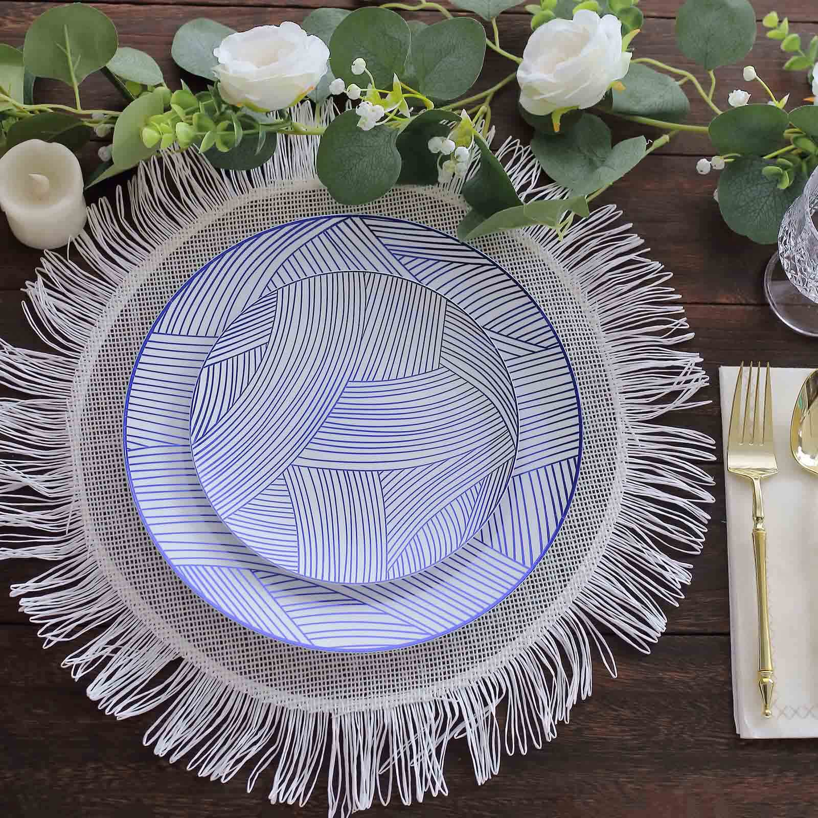 10-Pack Plastic 10" Round Dinner Plates in White with Blue Wave Brush Strokes Pattern - Disposable Party Plates