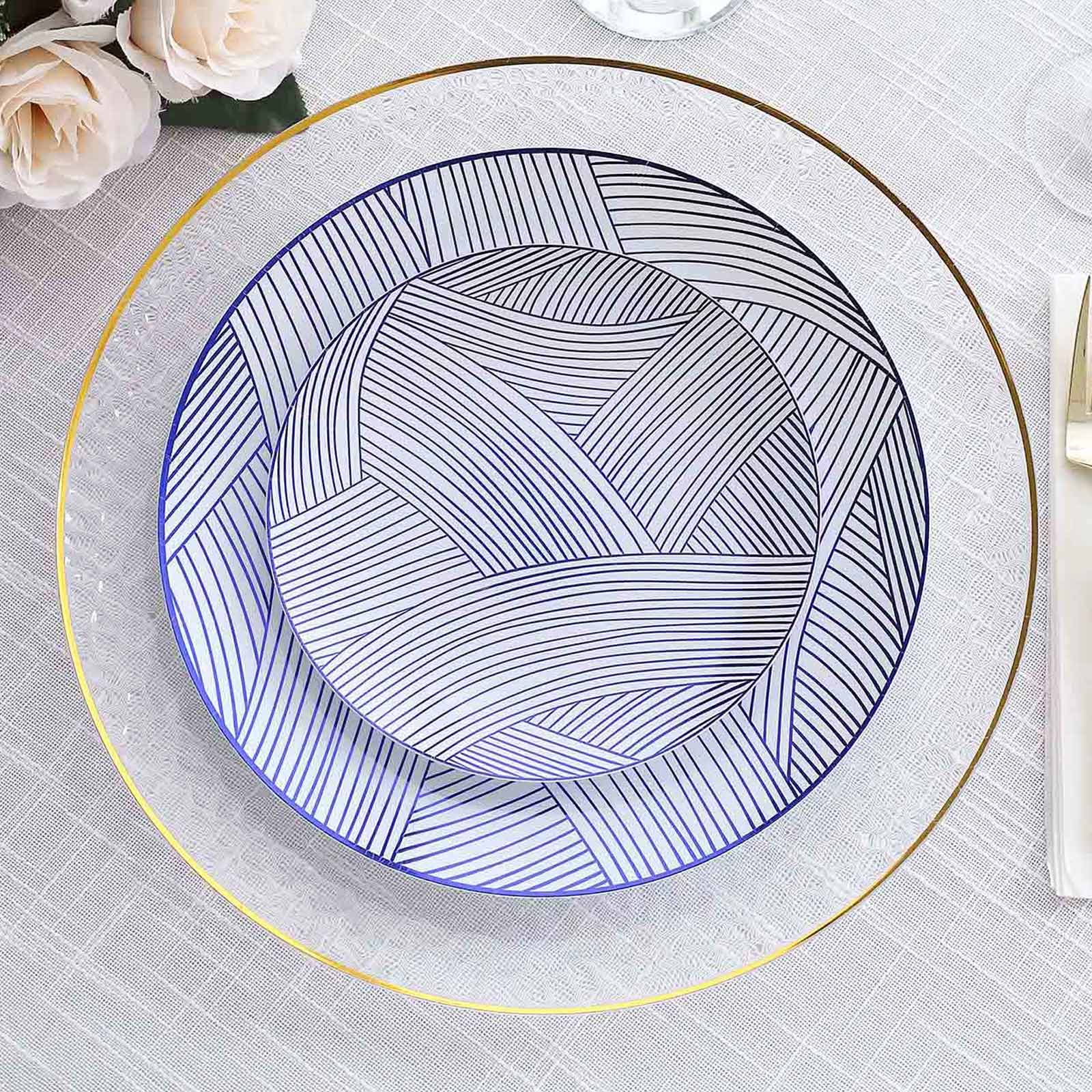 10-Pack Plastic 7" Round Dessert Plates in White with Blue Wave Brush Strokes Pattern - Disposable Appetizer Salad Plates