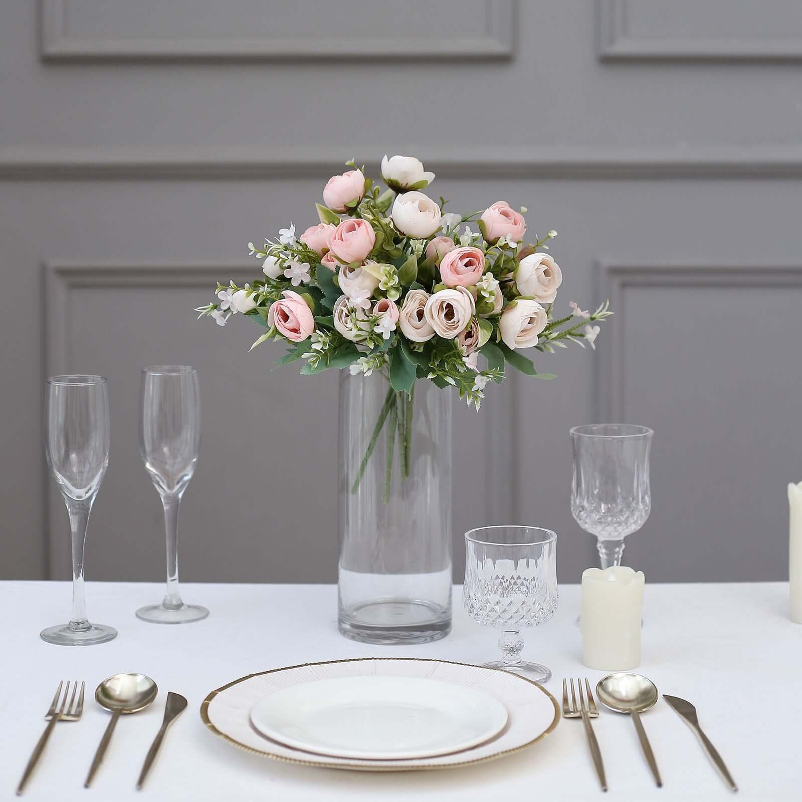 4 Pack 12" Artificial Blush Ranunculus Silk Flower Bridal Bouquets, Faux Buttercup Floral Arrangement