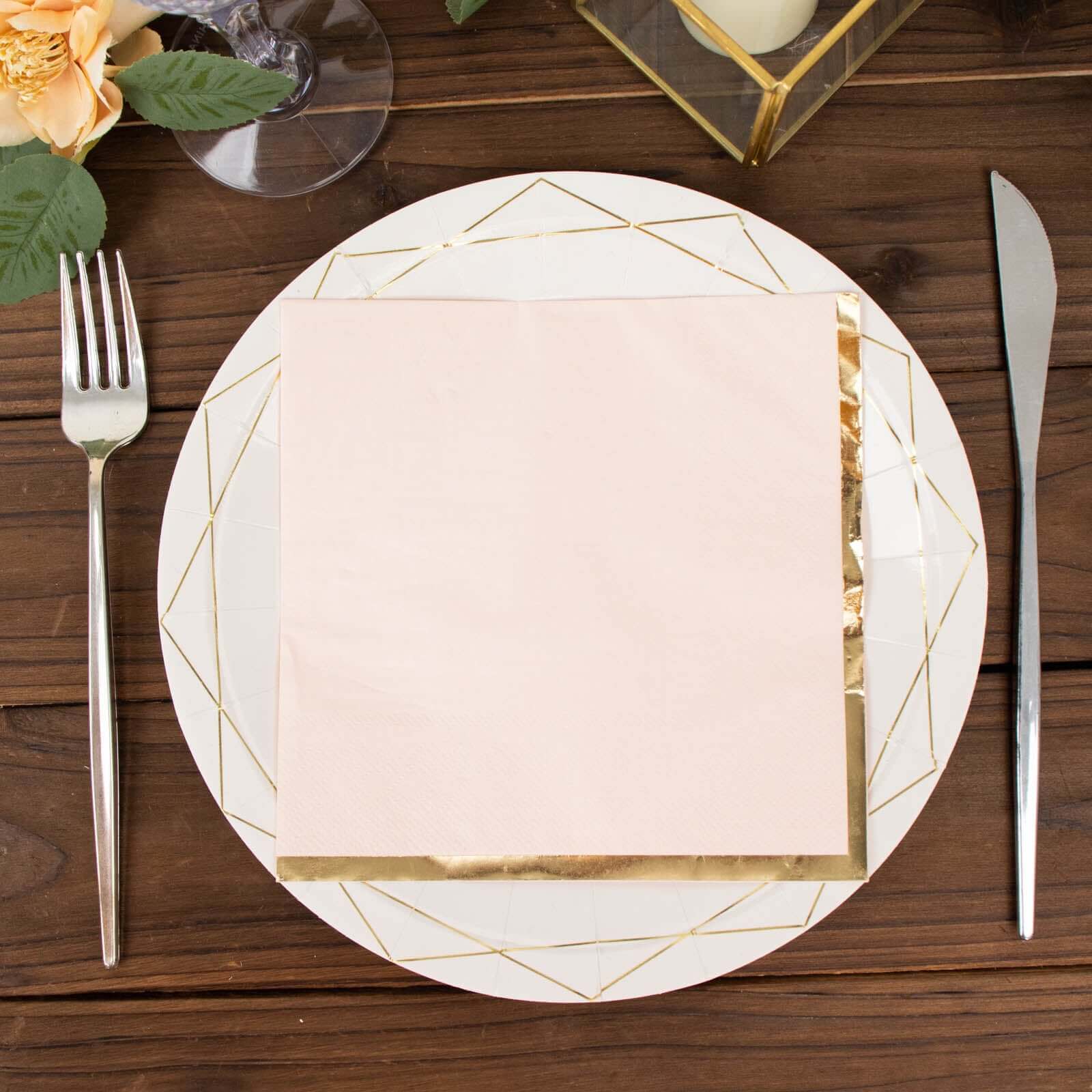 50-Pack Paper Beverage Napkins with Gold Foil Edge Blush - Disposable 2 Ply Cocktail Napkins for Events 6.5"x6.5"