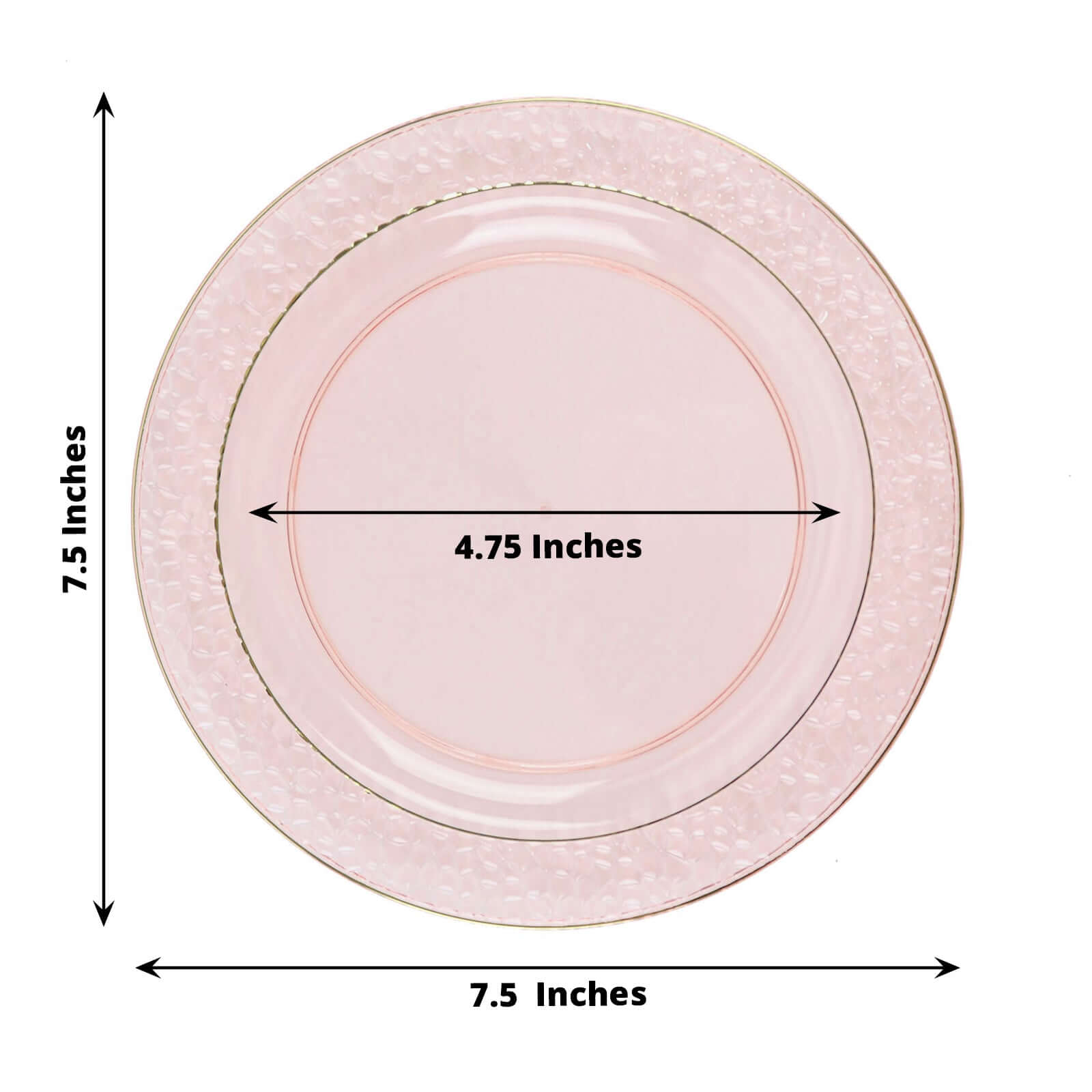 10-Pack Plastic 7.5" Round Appetizer Plates in Blush Hammered Design with Gold Rim - Disposable Salad Plates for Chic Banquets & Special Occasions