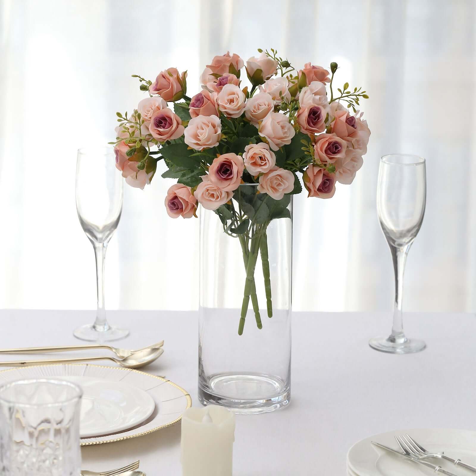 2 Pack 12" Blush Artificial Open Rose Flower Arrangements, Small Faux Floral Bouquets