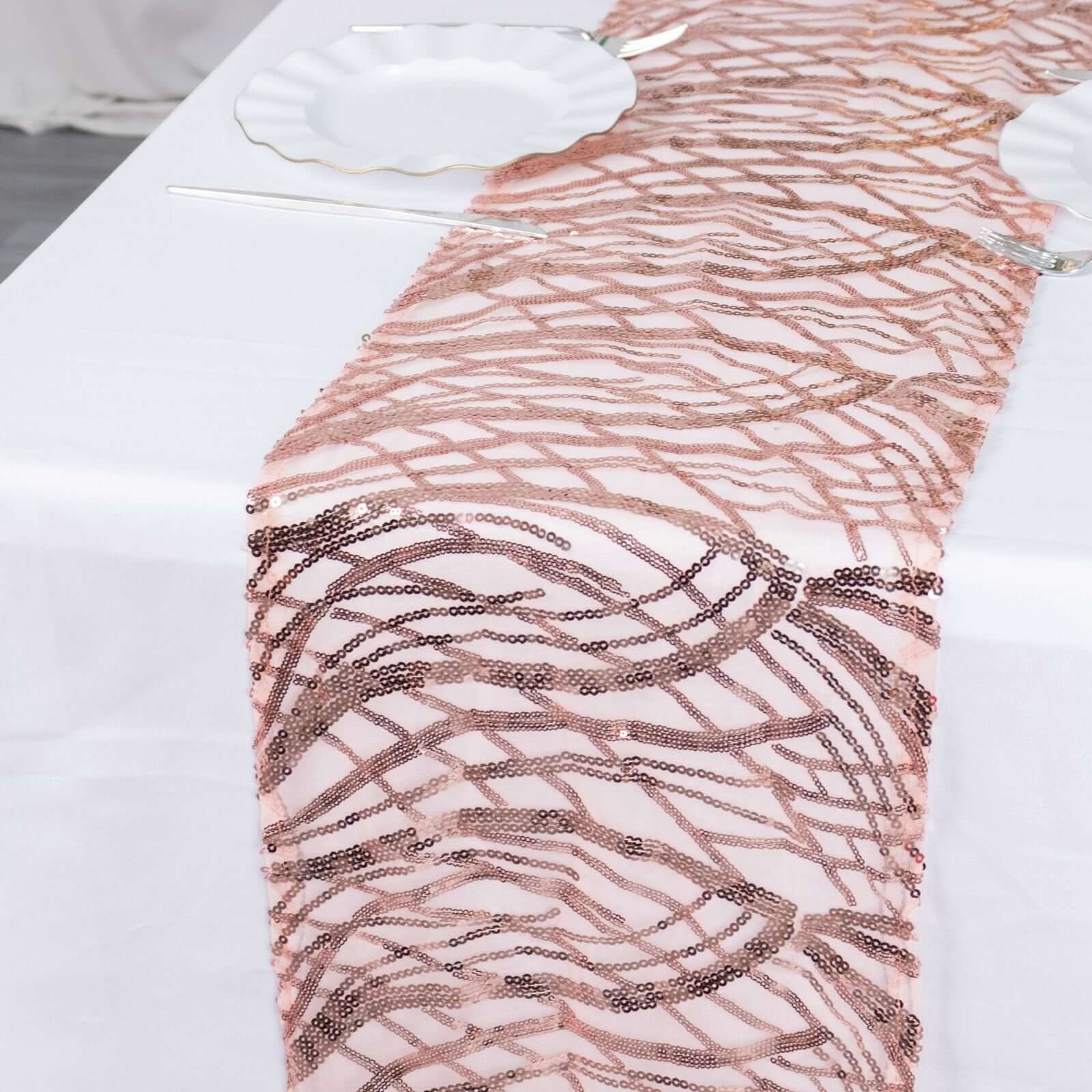 Sequin Mesh 12"x108" Table Runner Blush Stylish Wave Embroidery
