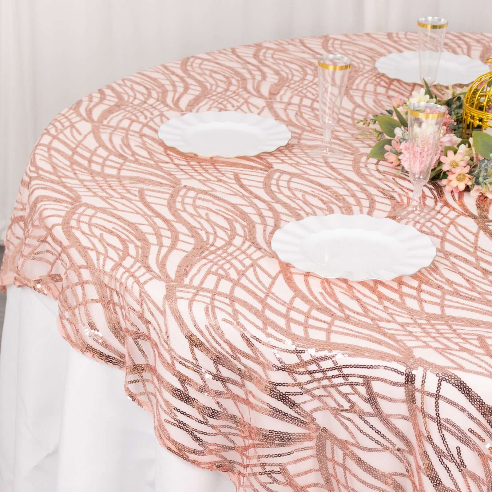 Mesh 72"x72" Table Overlay Square Tablecloth Blush - Wave Embroidered Sequins Table Topper