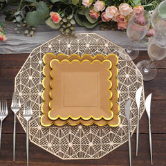 25-Pack Paper 7" Square Dessert Plates in Natural Brown with Gold Scalloped Rim - Disposable Salad Appetizer Party Plates for Stylish Outdoor Events & Boho Celebrations