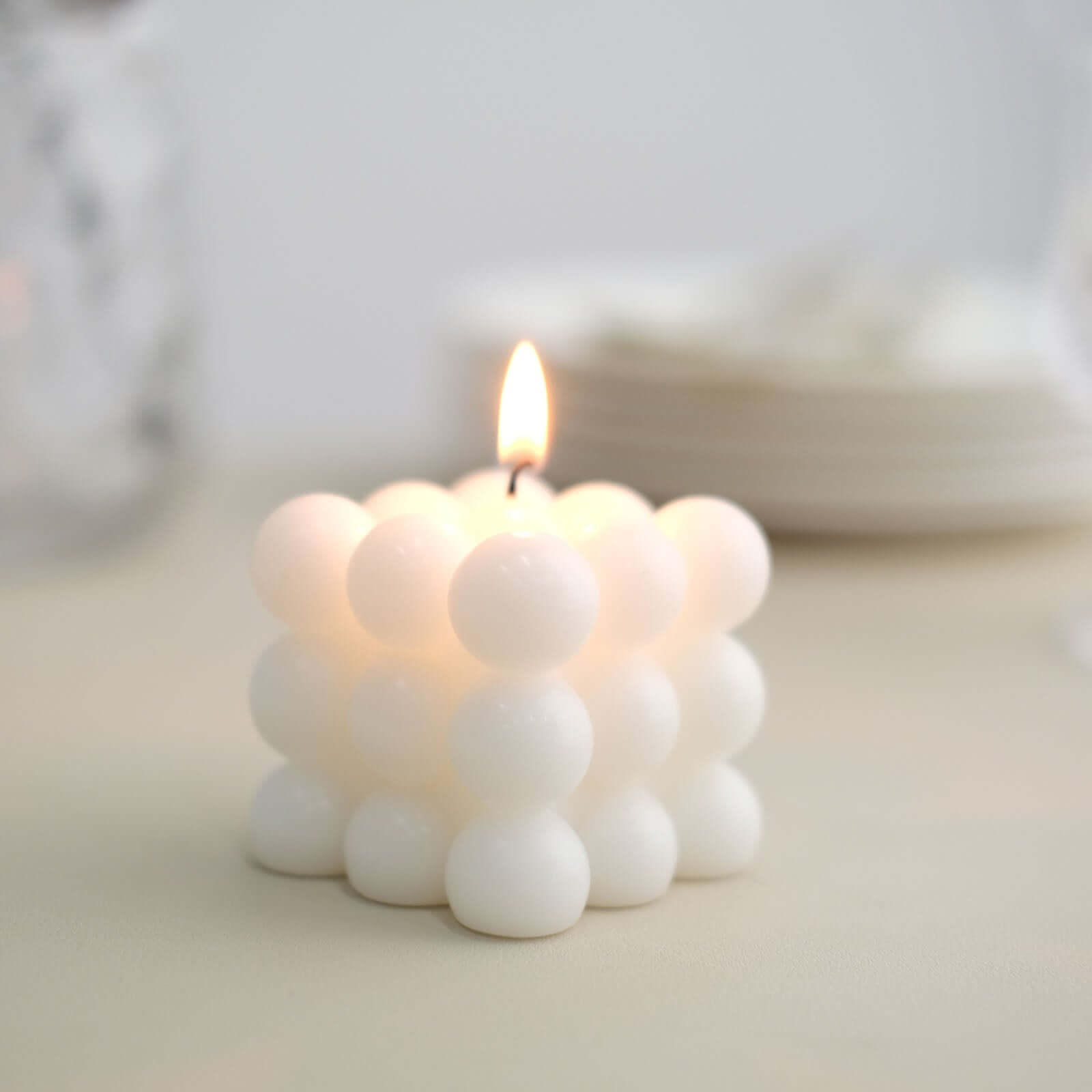 2-Pack Decorative Paraffin Wax Candles Bubble Cube Design White - Unscented Long Burning Pillar Candle Set 2"