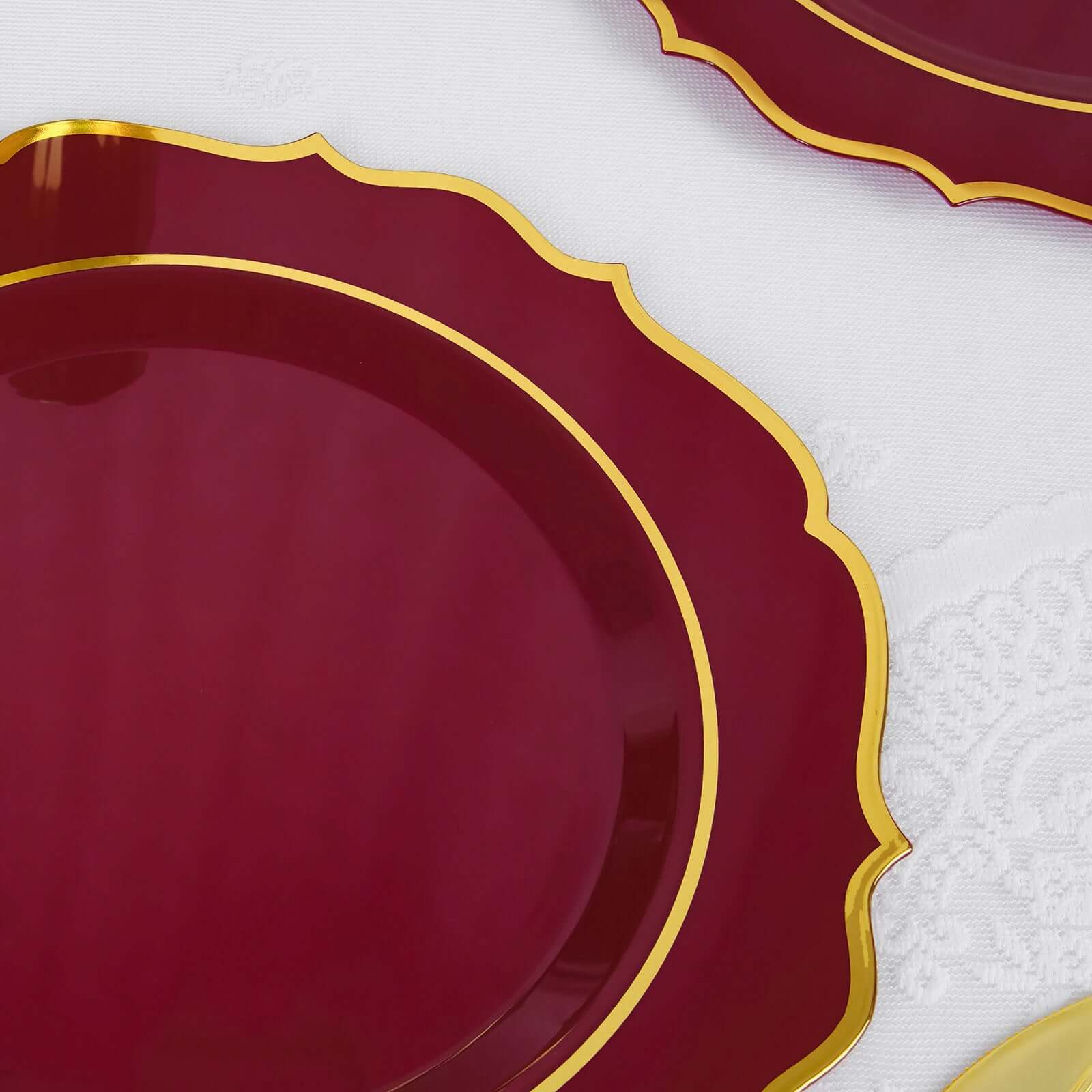 10-Pack Plastic 10" Round Dinner Plates in Burgundy with Gold Scalloped Rim - Disposable Party Plates