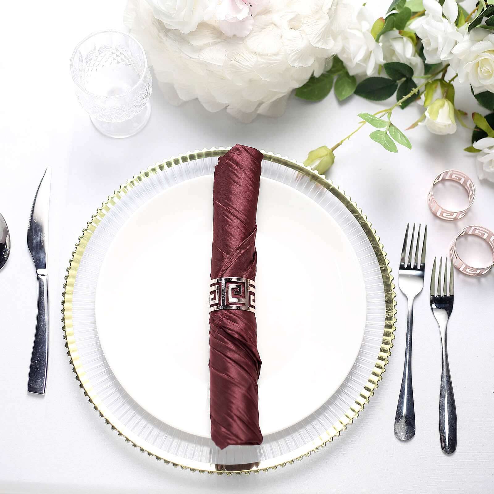 5 Pack Taffeta 20"x20" Napkins Burgundy - Accordion Crinkle Dinner Napkins