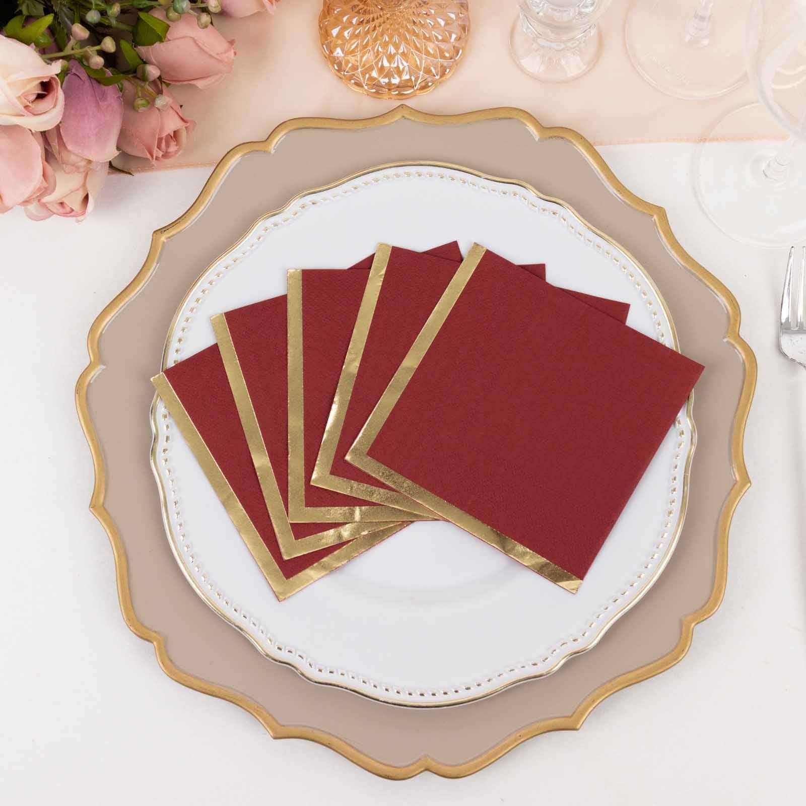 50-Pack Paper Beverage Napkins Burgundy with Gold Foil Edge - 2 Ply Disposable Soft 18GSM Cocktail Napkins 5"x5"