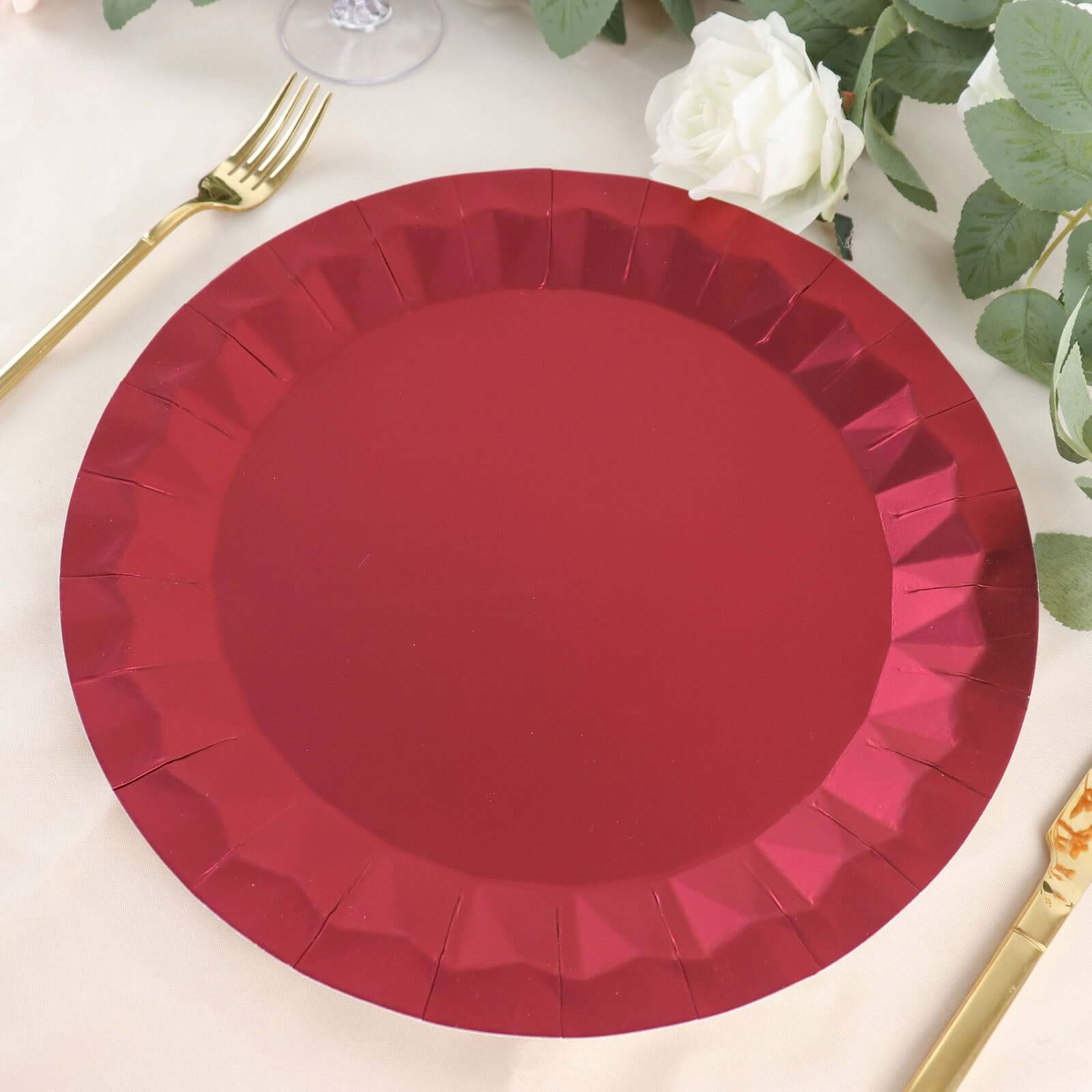 25-Pack Paper 12" Round Charger Plates in Burgundy with Geometric Prism Design - Disposable 400GSM Serving Trays