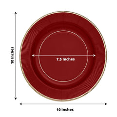 25-Pack Paper 10" Round Dinner Plates in Burgundy Sunray Design with Gold Rim - Disposable Heavy Duty 350GSM Party Plates