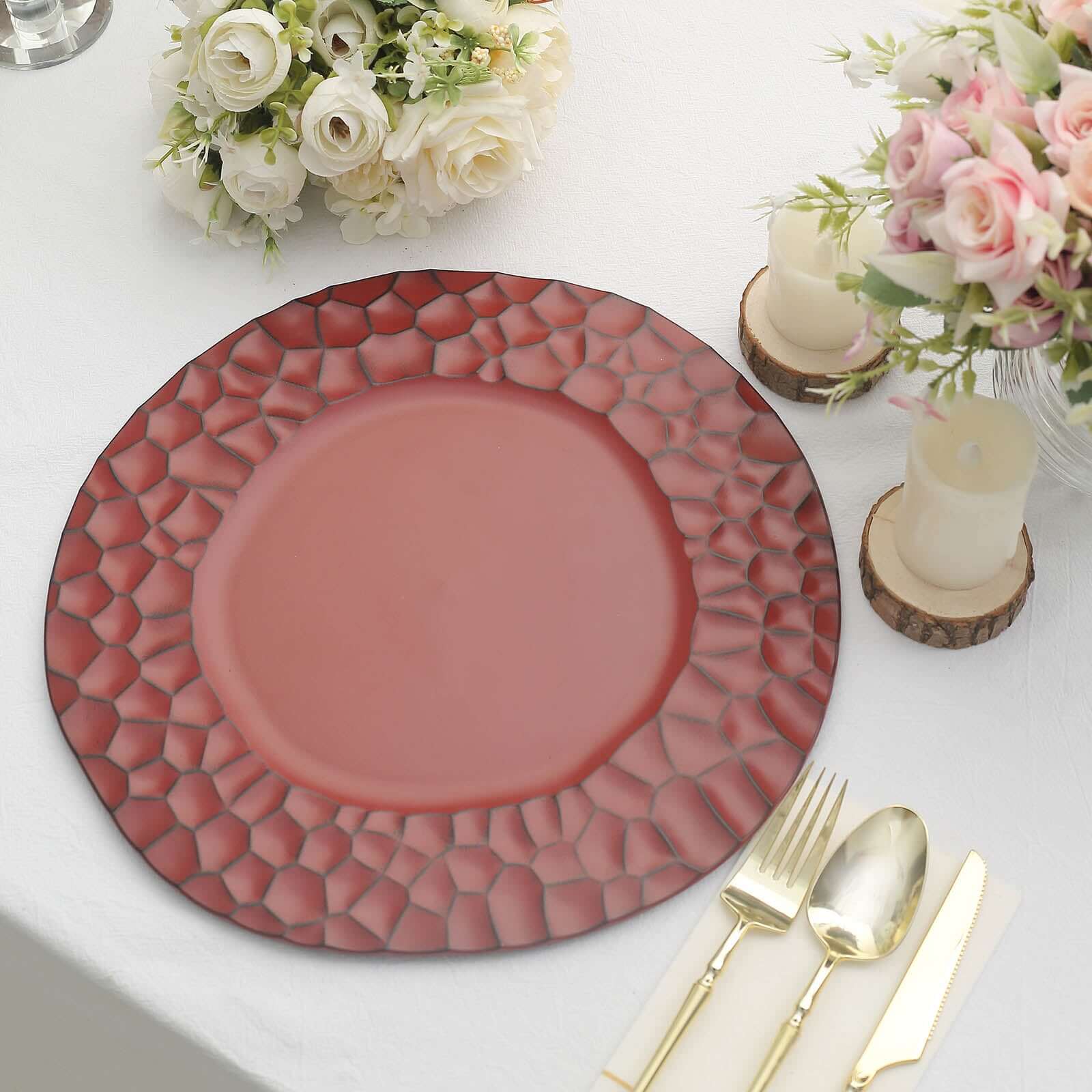 6-Pack Round Charger Plates 13" in Burgundy with Hammered Rim, Matte Finish Modern Dinner Charger Tableware