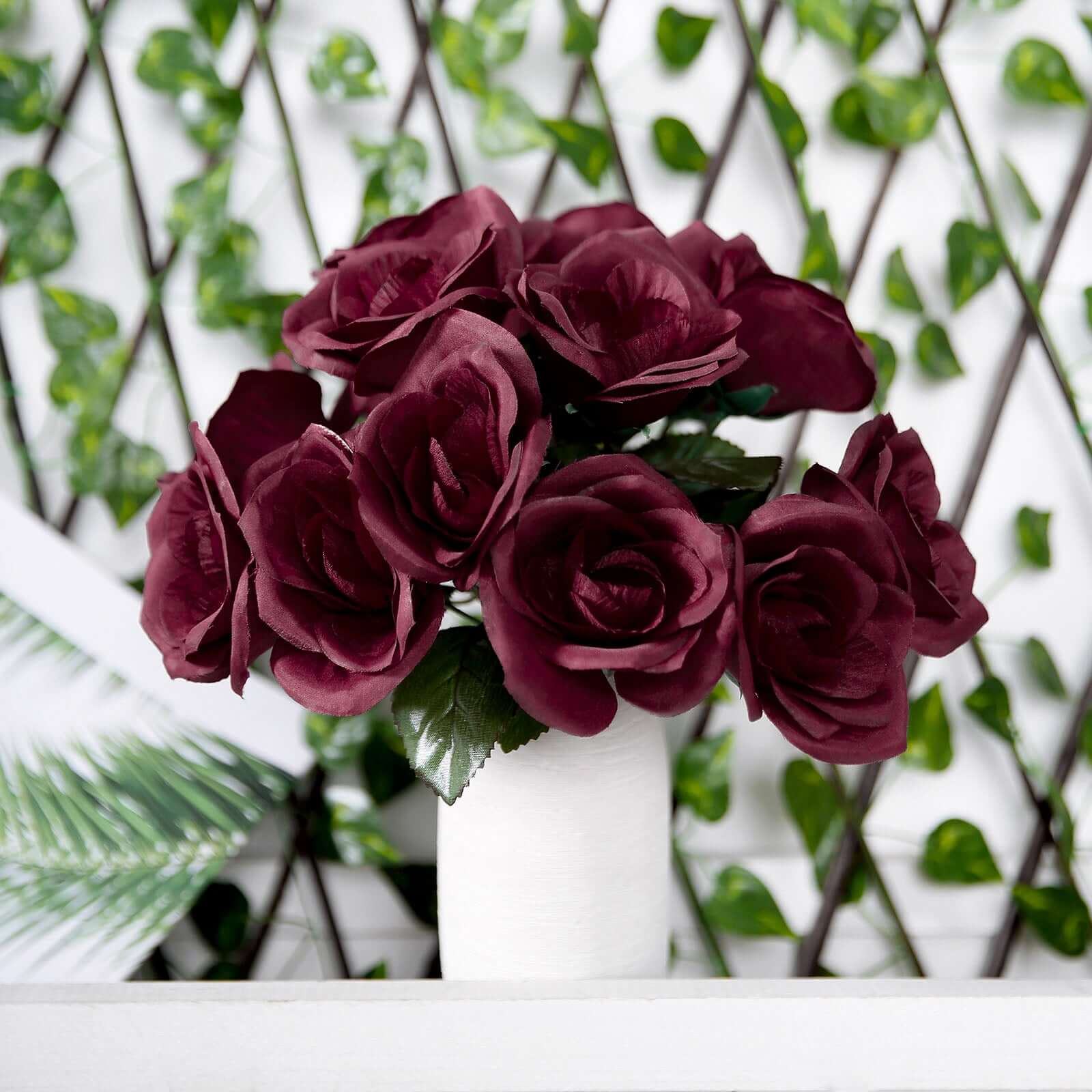 12" Burgundy Artificial Velvet-Like Fabric Rose Flower Bouquet Bush