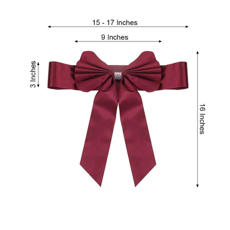 5 Pack Satin Faux Leather Chair Sashes Burgundy - Durable Double Sided Pre-tied Bow Tie Chair Bands with Diamond Rhinestone Buckles