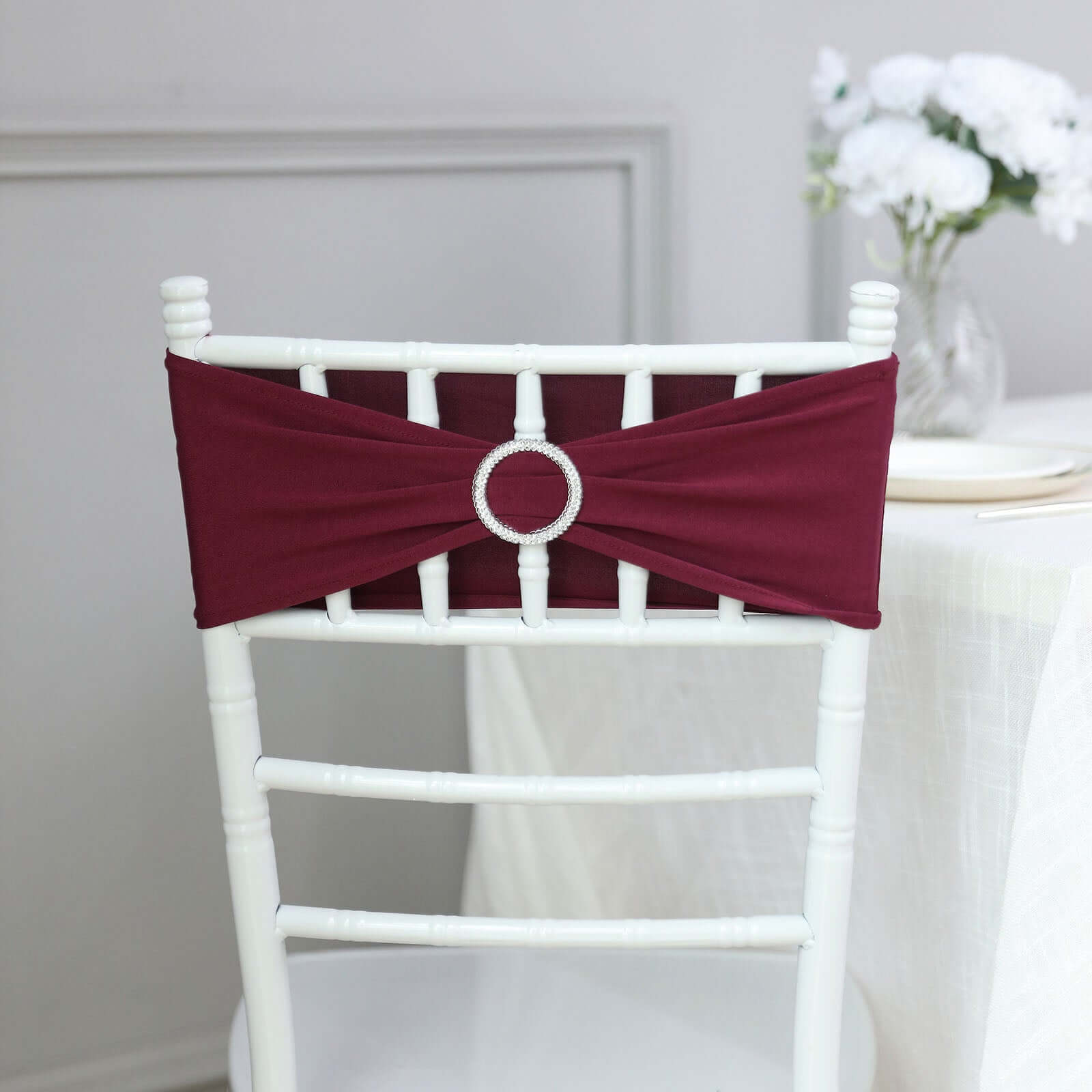 5 Pack Stretch Spandex Chair Sashes Burgundy - Reusable Chair Bands with Silver Diamond Ring Slide Buckle 5"x14"