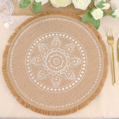 4-Pack Placemats White Embroidery Print Design Natural Jute Fringe Round - Rustic Burlap Woven Style 15"