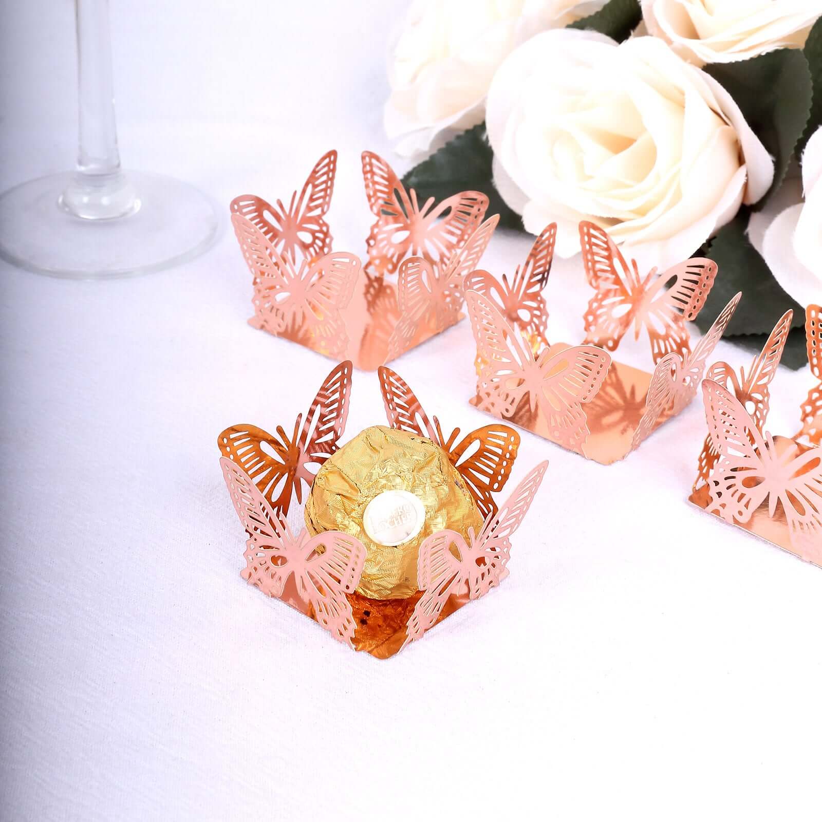 50-Pack Mini Paper Truffle Cup Liners Butterfly Square Design Metallic Rose Gold - 225GSM Cupcake Tray Wrappers 4"