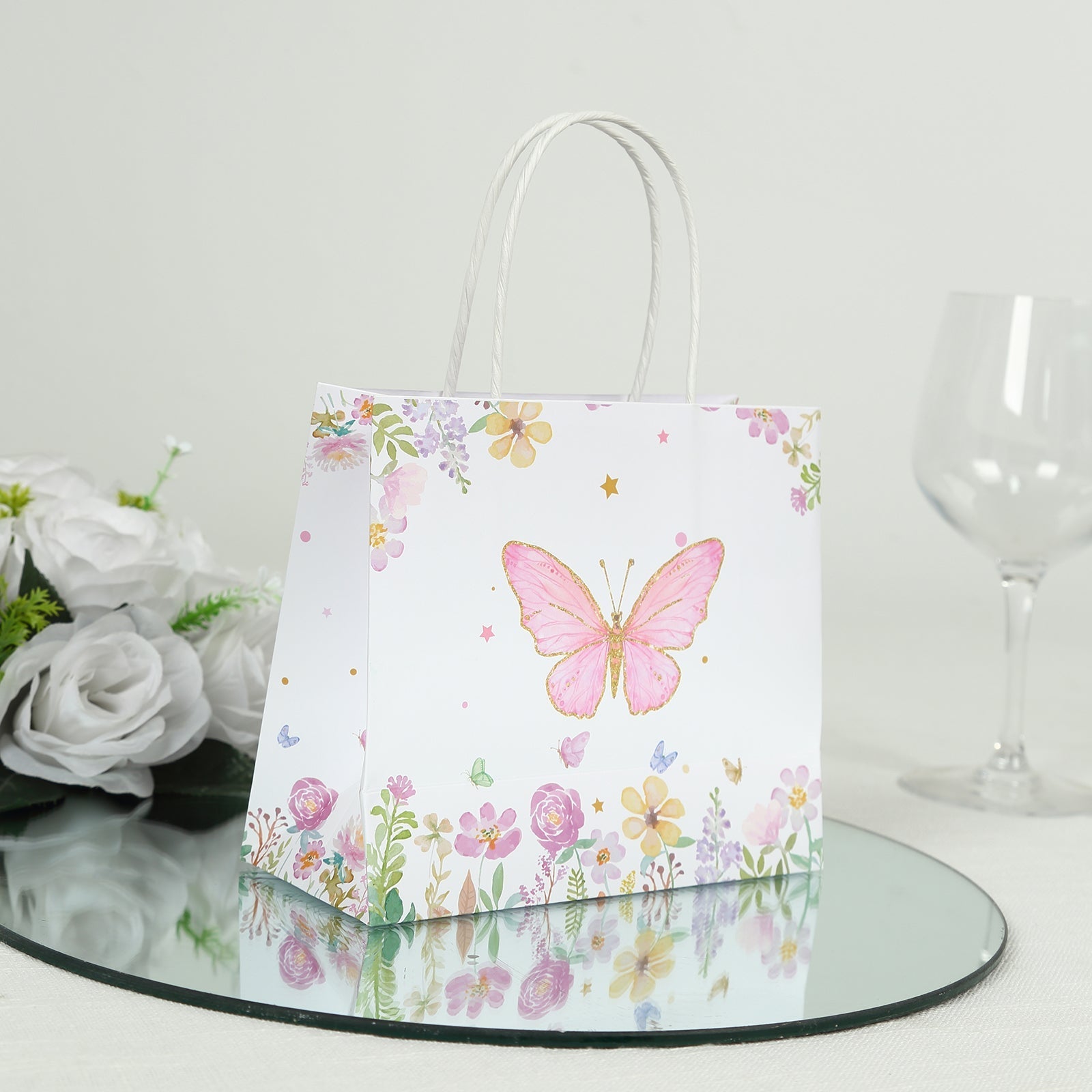 12 Pack Pink Glitter Butterfly Paper Favor Bags with Handles, Floral Print White Goodie Gift Bags - 6"x7"
