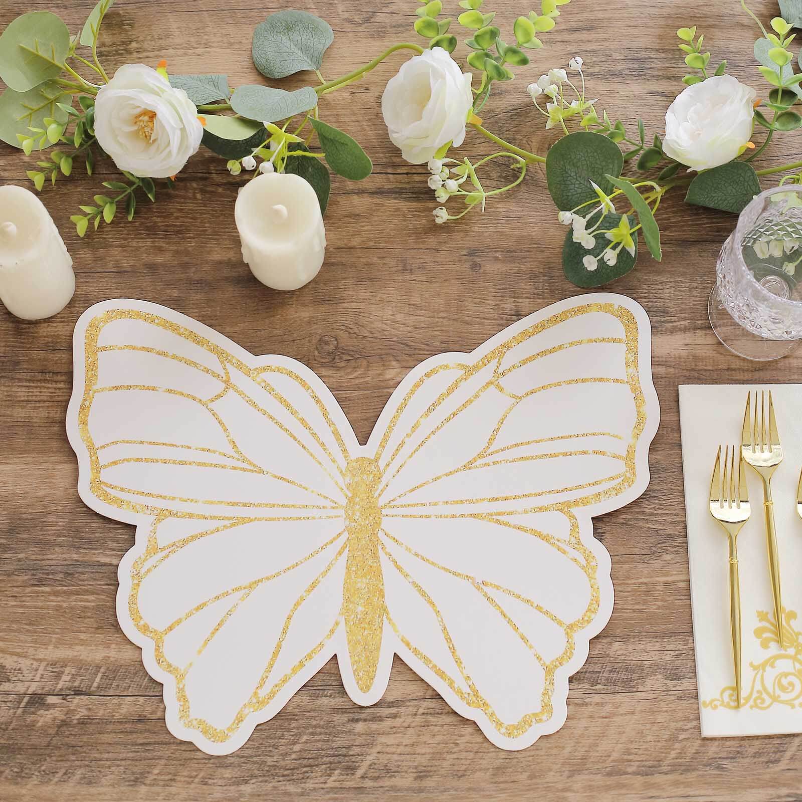 10-Pack Disposable Table Placemats with White Butterfly Design & Gold Glitters - 400GSM Cardboard Placemats for Kids' Parties, Baby Showers & Celebrations 14"