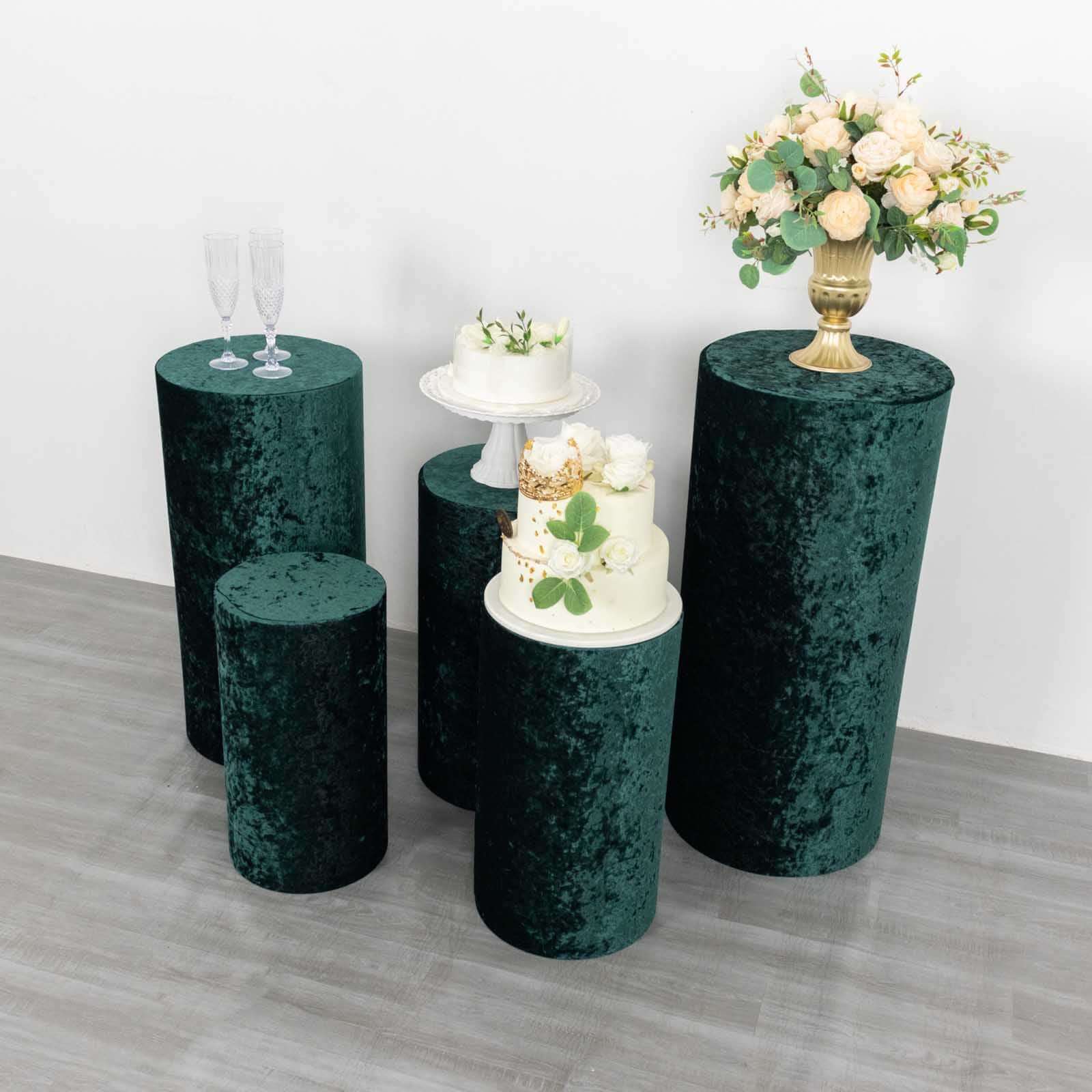 Set of 5 Hunter Emerald Green Crushed Velvet Cylinder Pedestal Stand Covers, Premium Pillar Prop Covers