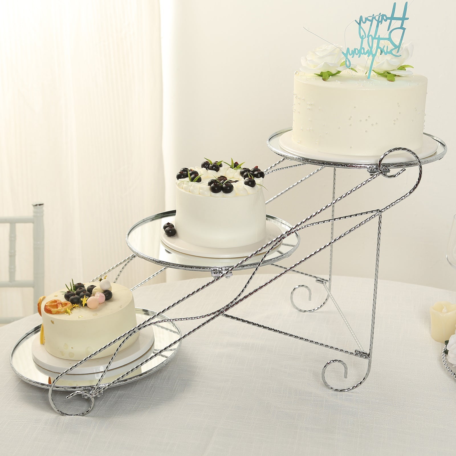 3-Tier Cake Stand Cascading Design with Round Mirror Trays Silver - Dessert Display and Serving Platter Metal 16"x19"