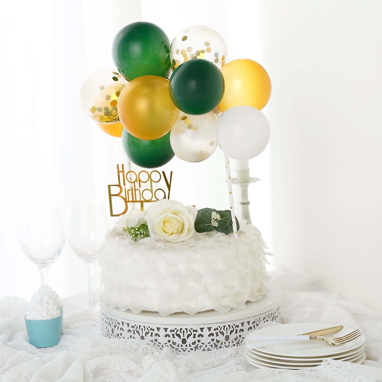 14 Pcs Balloon Cake Topper Clear, Gold, Hunter Green and White - Whimsical Clustered Mini Garland Cake Inserts DIY Party Decorations