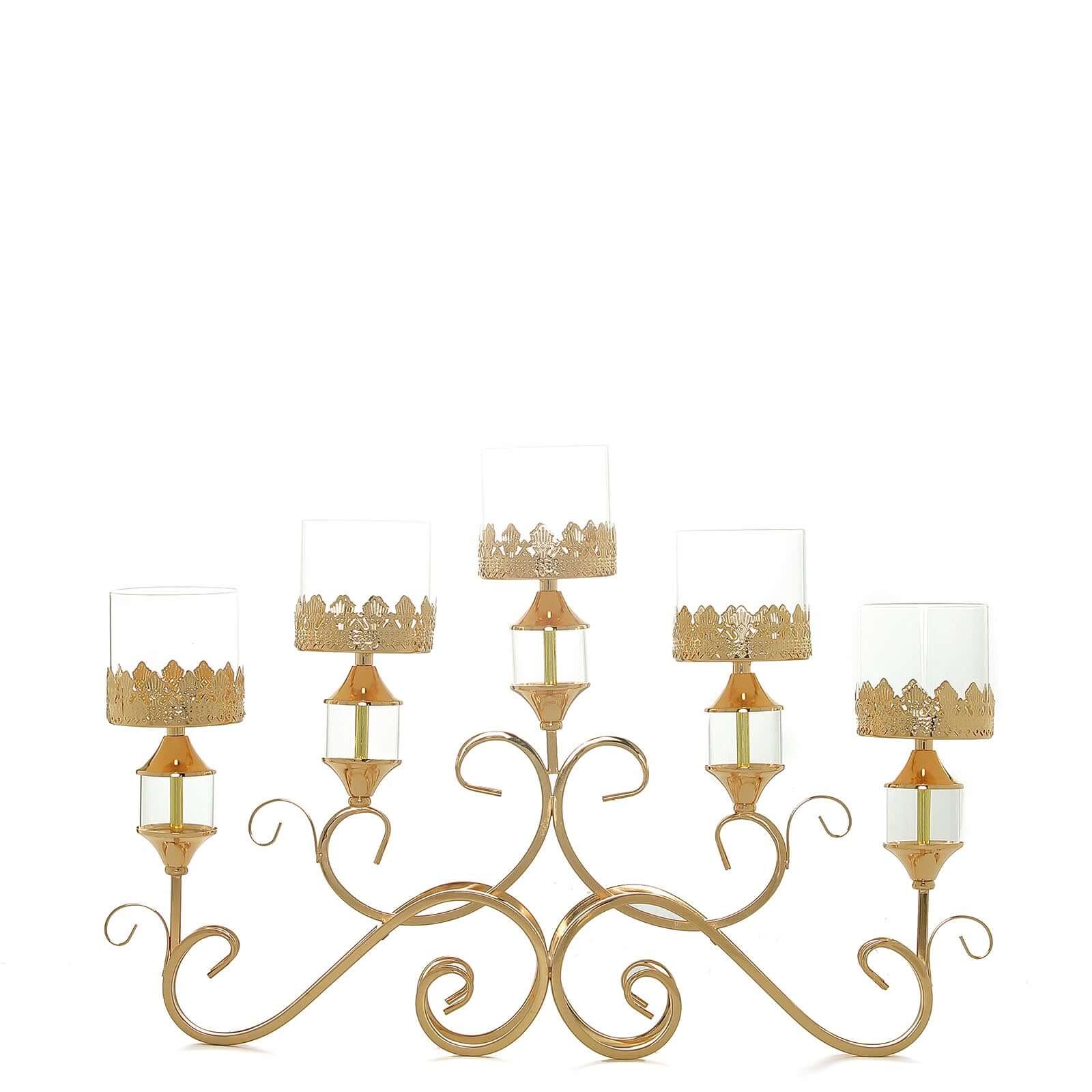 5-Arm Metal Table Candelabra Antique Gold Crown Top Design - Stylish Horizontal Table Centerpiece with Glass Votive Holders 18"