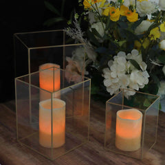 Set of 3 Candle Holders Acrylic Flower Display Boxes with Gold Rims Clear - Decorative Pillar Centerpieces 6", 8", 10"