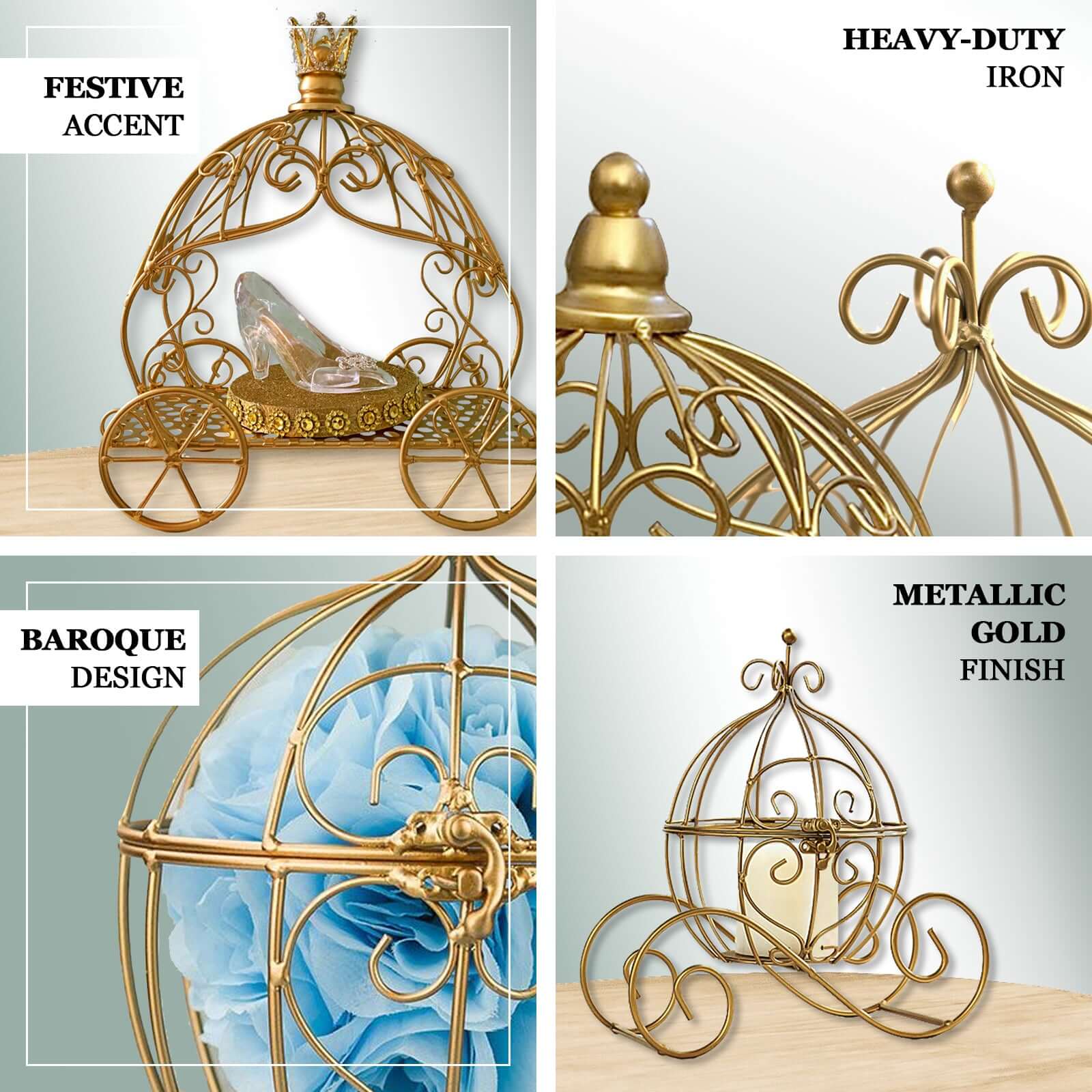 Candle Holder Gold Wrought Iron Cinderella Carriage Card Display - Wedding Table Accent 11"