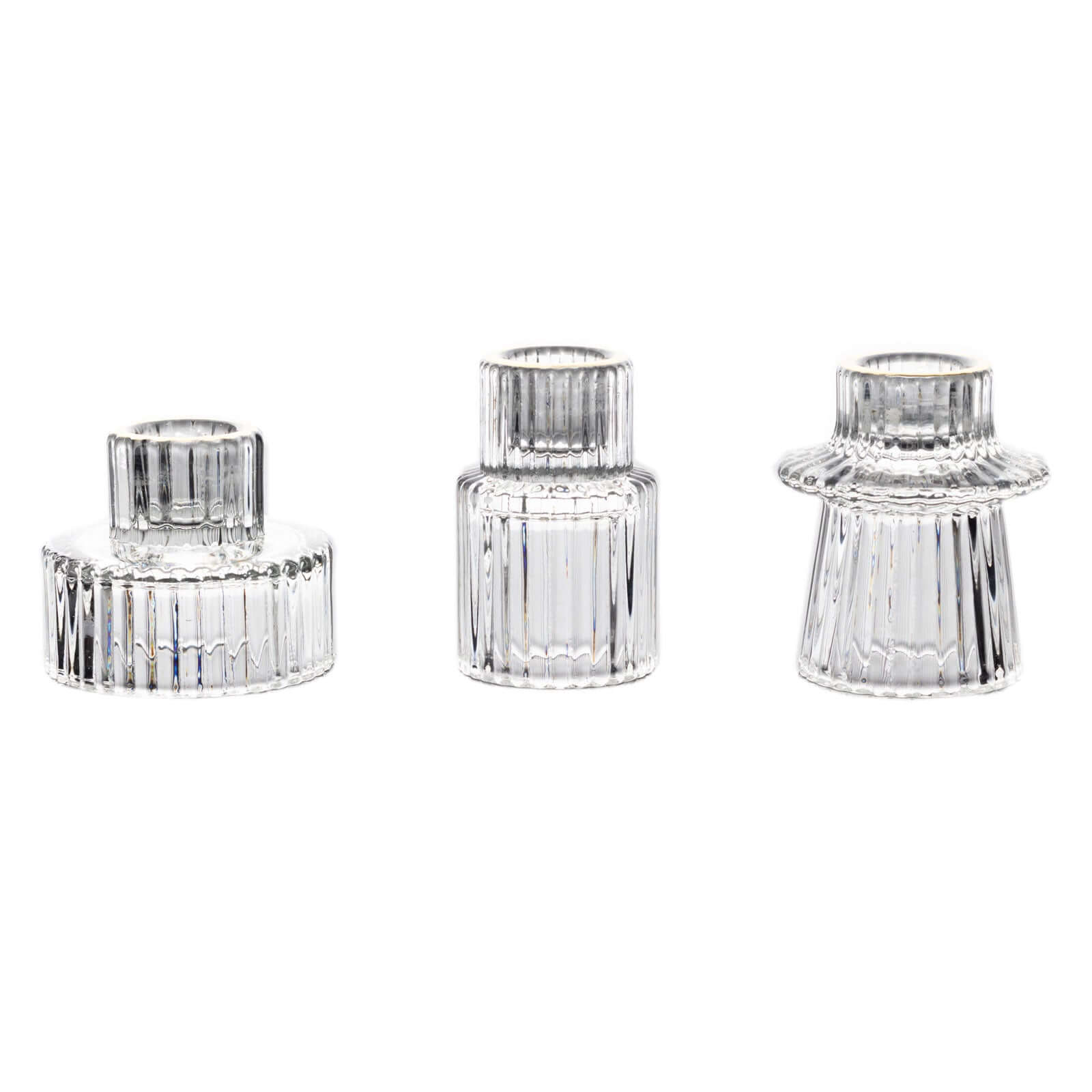 Set of 6 Glass Taper Candle Holders Ribbed Crystal Design with Gold Rim Clear - Reversible Mini Votive Tealight Stands 3"