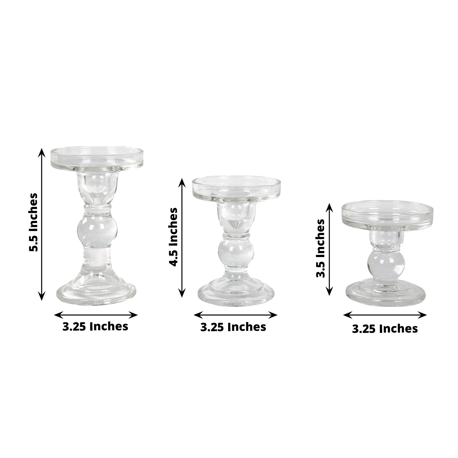 Set of 3 Glass Pillar Candle Holders Clear with Round Tray - Crystal Ball Stem Taper Candlestick Tea Light Stands 3.5", 4.5", 5.5"
