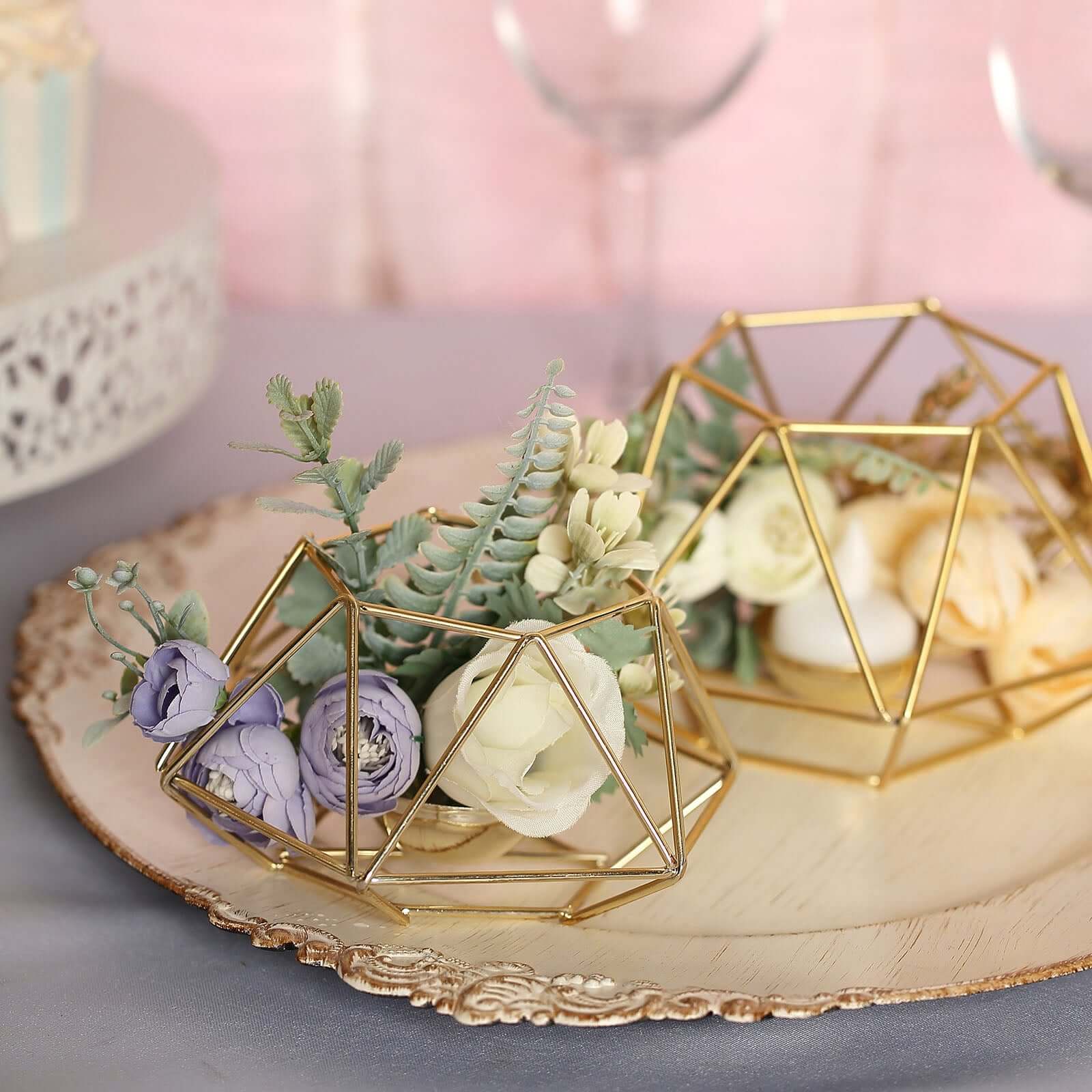 Set of 2 Candle Holders Metal Hexagon Geometric Design Gold - Modern Decorative Centerpieces for Tables 4"x3"