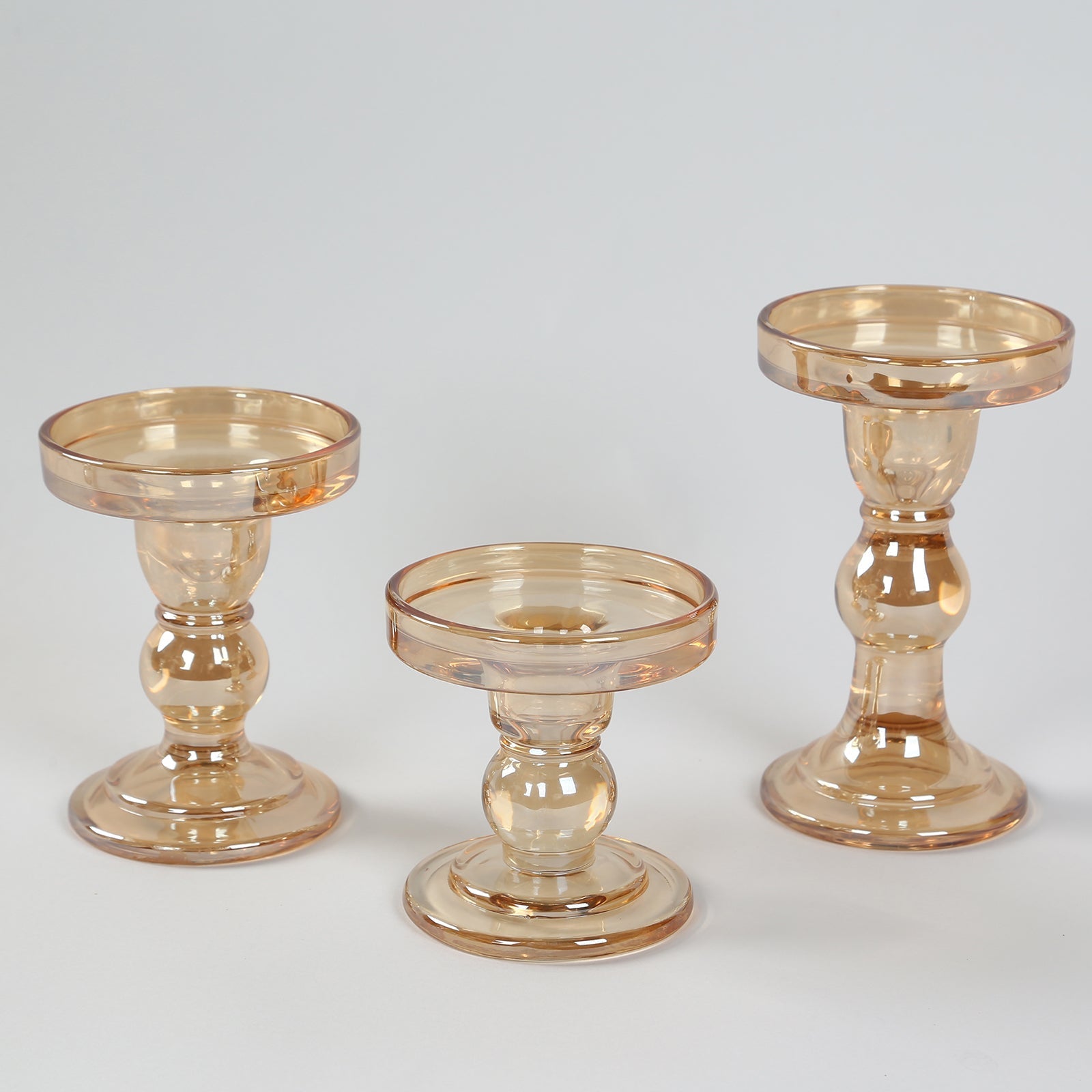 Set of 3 Glass Pillar Candle Holders Amber Gold with Round Tray - Crystal Ball Stem Taper Candlestick Tea Light Stands 3.5", 4.5", 5.5"