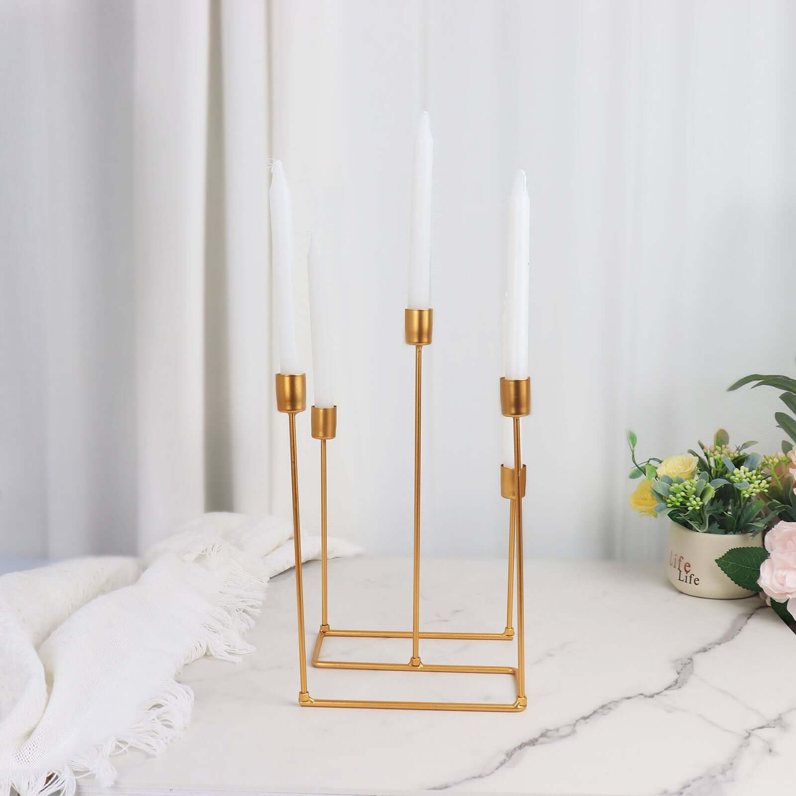 Taper Candle Holder Gold Metal 5-Arm Geometric Candelabra Design - Decorative Piece for Banquets and Celebrations 12"