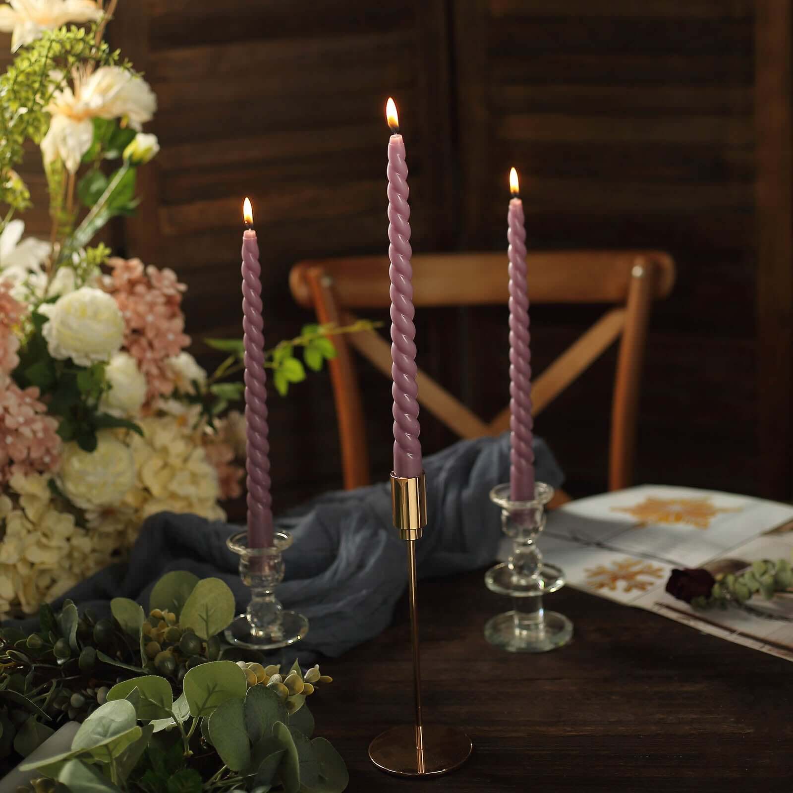 12-Pack Taper Candles Spiral Long Burn Wick Design Violet Amethyst - Premium Unscented Wax Dinner Candle Sticks 11"