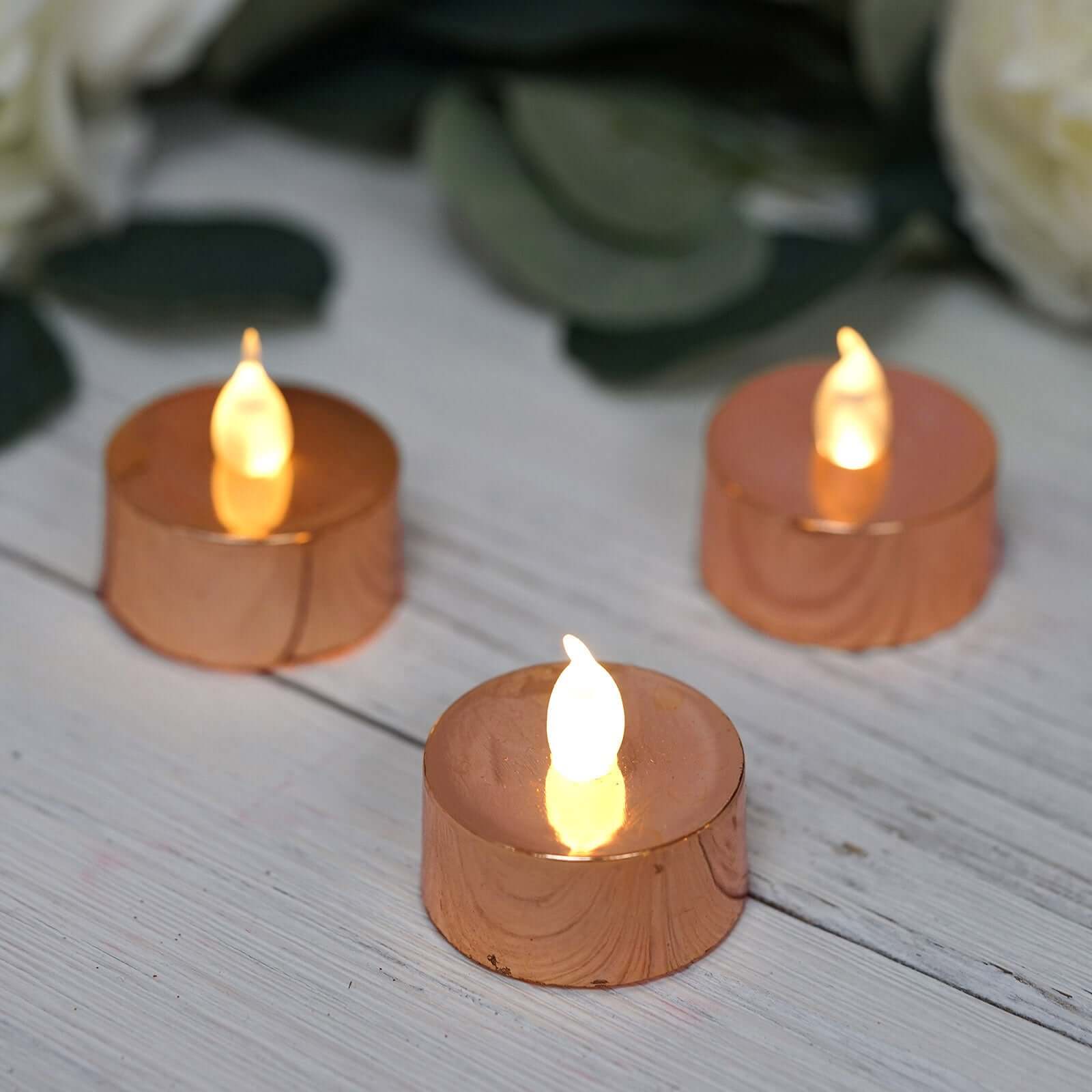 12-Pack LED Tealight Candles Rose Gold Metallic Design - Reusable Flameless Battery Operated Lights