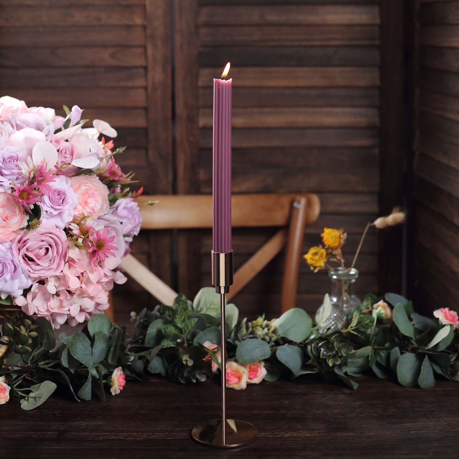 5-Pack Taper Candles Ribbed Wick Ribbon Wax Design Cinnamon Rose - Premium Unscented Dinner Candles 9"