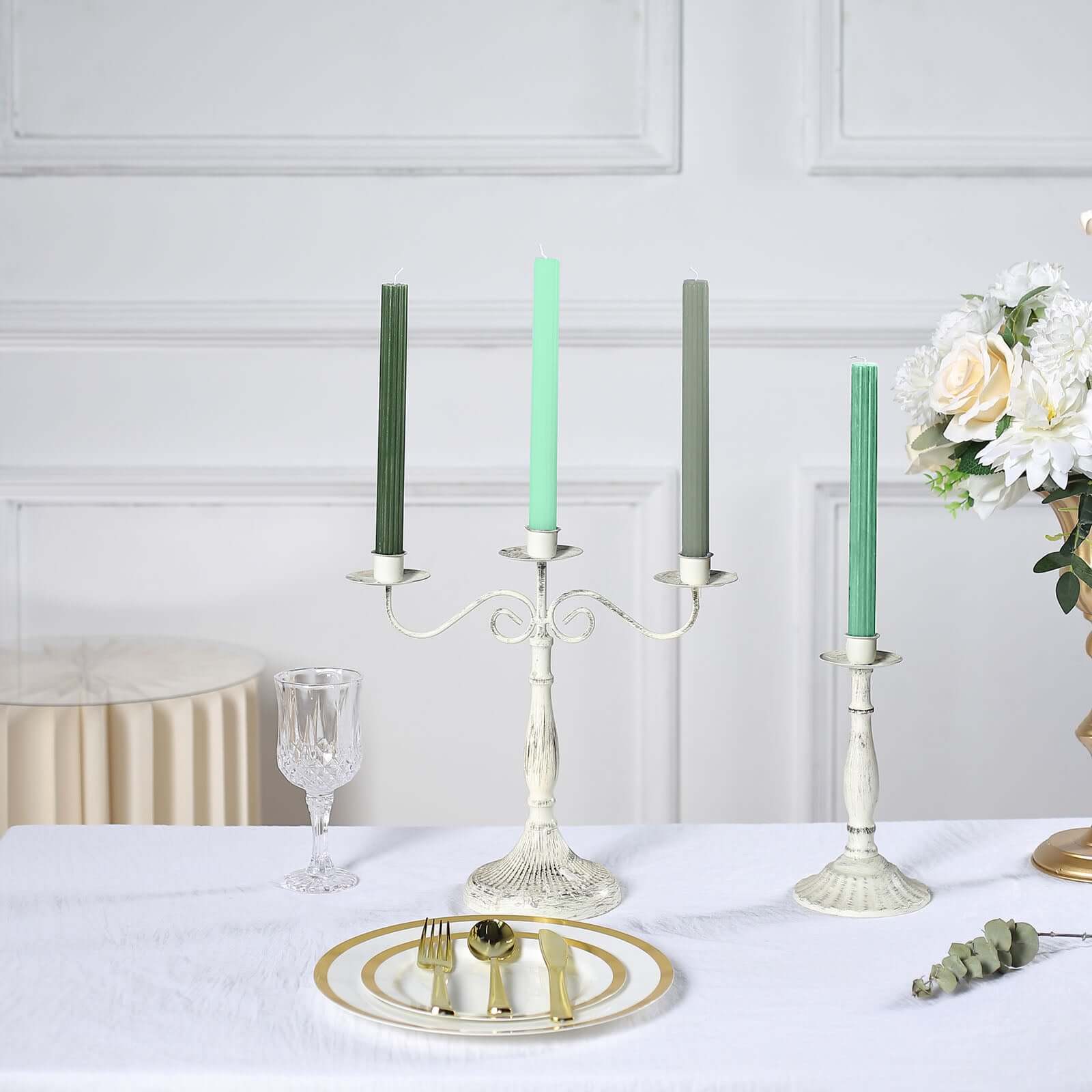 5-Pack Taper Candles Ribbed Wick Ribbon Wax Design Assorted Green - Premium Unscented Dinner Candles 9"